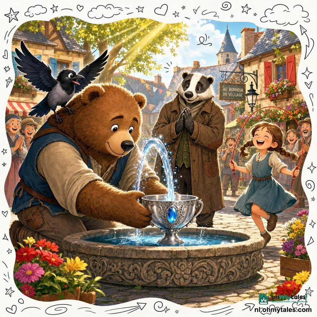 Hoofdpersonage: een grote antropomorfe bruine beer (realistisch teddytype) met ronde zachte gelaatstrekken, knielend aan een stenen fontein terwijl hij een zilveren beker met een grote blauwsteen in het water zet; de steen gloeidt zacht en schiet een fonkelende waterboog omhoog die de kleuren van bloemen en huizen verzadigt. Bijfiguren: een zwart-grijze ekster (Noor) met glanzende veren en ondeugende opgeluchte blik op zijn schouder, licht fladderend; een oude das in versleten mantel achter de fontein met gevouwen handen en dankbare blik; een meisje met twee vlechtjes en een rood springtouw rechts vrolijk springend en lachend. Plaats: klein, geplaveid dorpsplein met gebeeldhouwde stenen fontein, leien daken, gekleurde luiken, felle bloembakken, heldere lucht en zonnestralen door bomen; dorpelingen kijken vol verwondering.
