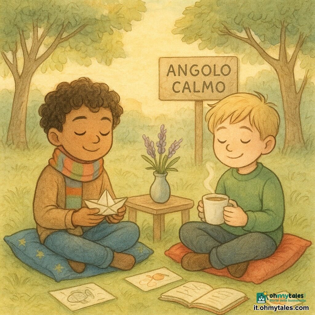 Ci sono 2 personaggi principali: - Un ragazzo di nome Leo, di 8 anni, con capelli castani ricci e occhi marroni. Indossa una sciarpa colorata intorno al collo e tiene una piccola barca di carta nelle mani. È seduto su un cuscino blu con motivi di stelle dorate. - Un ragazzo di nome Marco, anch'egli di 8 anni, con capelli biondi e occhi azzurri. Indossa un maglione verde e tiene una tazza di tisana fumante. È seduto accanto a Leo su un cuscino rosso. Il luogo è un angolo di parco trasformato in "Angolo Calmo": uno spazio tranquillo con cuscini colorati sparsi sull'erba verde. C'è un piccolo tavolo di legno su cui si trova un vaso con fiori di lavanda. Alberi circondano lo spazio, le loro foglie danzano dolcemente al vento. La situazione principale mostra Leo e Marco seduti comodamente, praticando esercizi di respirazione insieme. I loro volti sono rilassati e sorridenti, mentre il sole al tramonto proietta una luce morbida e dorata attraverso i rami degli alberi. Libri e disegni di bambini sono sparsi intorno a loro, creando un'atmosfera di calma e benessere.