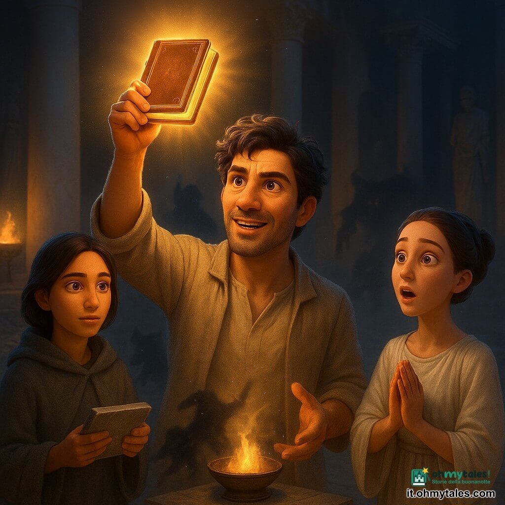 Un uomo, Lucio (≈35 anni), dallo sguardo determinato e caldo, capelli neri scompigliati e giacca di lino beige, solleva sopra la testa un piccolo libro luminoso in cuoio (Liber Luminis) la cui luce illumina il volto e le mani leggermente callose; alle sue spalle a sinistra Livia (≈25 anni), viso calmo e concentrato, mantello grigio cenere, tiene una piccola tavoletta di pietra scintillante e guarda il libro; a destra una giovane vestale (≈20 anni) in tunica bianca, capelli raccolti, mani giunte e bocca aperta d'ammirazione davanti al braciere sacro che si riaccende; al centro ombre canine nere e vaporose si ritirano dissolvendosi sotto un raggio dorato emesso dal libro mentre una sagoma d'ombra più grande (Sestio intrappolato nell'oscurità) svanisce sullo sfondo; ambientazione: cortile notturno del Tempio di Vesta con colonne di marmo bianco, pavimento di lastre consumate, piccolo braciere di bronzo, statue divine, torce murali e polvere d'oro nell'aria; momento: istante drammatico e luminoso in cui una luce calda e dorata squarcia le ombre bluastra e innalza la fiamma del braciere; stile: resa 3D da film d'animazione, colori saturi ma armoniosi, texture dettagliate e illuminazione cinematografica con alone e particelle dorate.