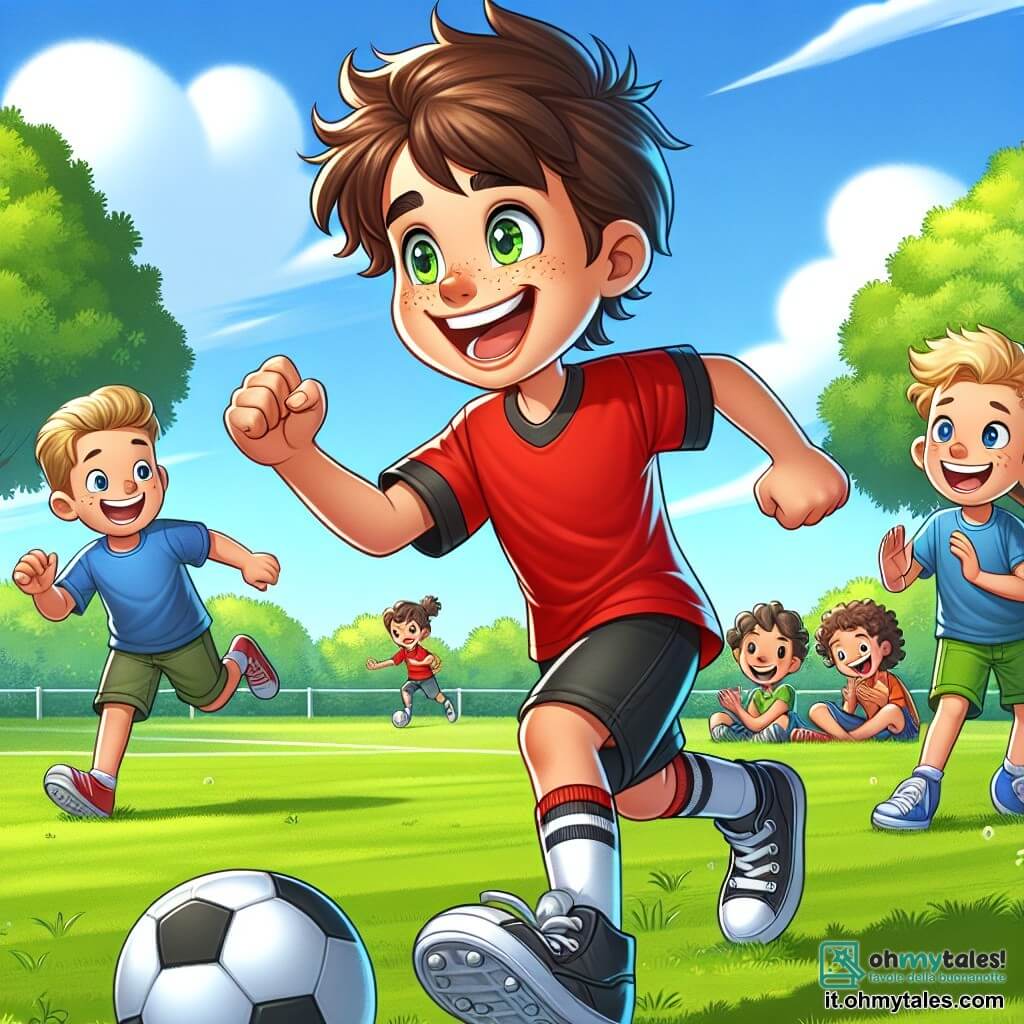 Un giovane ragazzo, Marco, di circa 12 anni, è al centro dell'immagine. Ha i capelli castani disordinati, un sorriso luminoso e occhi brillanti di eccitazione. Indossa una maglietta da calcio rossa con pantaloni neri e sta dribblando un pallone su un campo verde, mostrando la sua passione per il gioco. Accanto a lui, Luca, un altro ragazzo di 10 anni, osserva con ammirazione. Ha i capelli biondi e lentiggini sul viso. Indossa una maglietta blu e pantaloni verdi, applaudendo gioiosamente, incoraggiato dall'energia di Marco. Sullo sfondo, un gruppo di bambini di circa 10-12 anni gioca sullo stesso campo, ridendo e divertendosi, alcuni cercando di recuperare il pallone, mentre altri si sistemano sull'erba per guardare la partita improvvisata. Il luogo è un parco soleggiato, con alberi verdi che circondano il campo da calcio. Il cielo è blu con alcune nuvole bianche e l'erba è di un verde brillante, creando un'atmosfera gioiosa e vivace. La scena principale mostra Marco in azione, dribblando il pallone con entusiasmo, mentre i suoi amici lo incoraggiano, illustrando lo spirito di squadra e la passione per il calcio che li unisce.