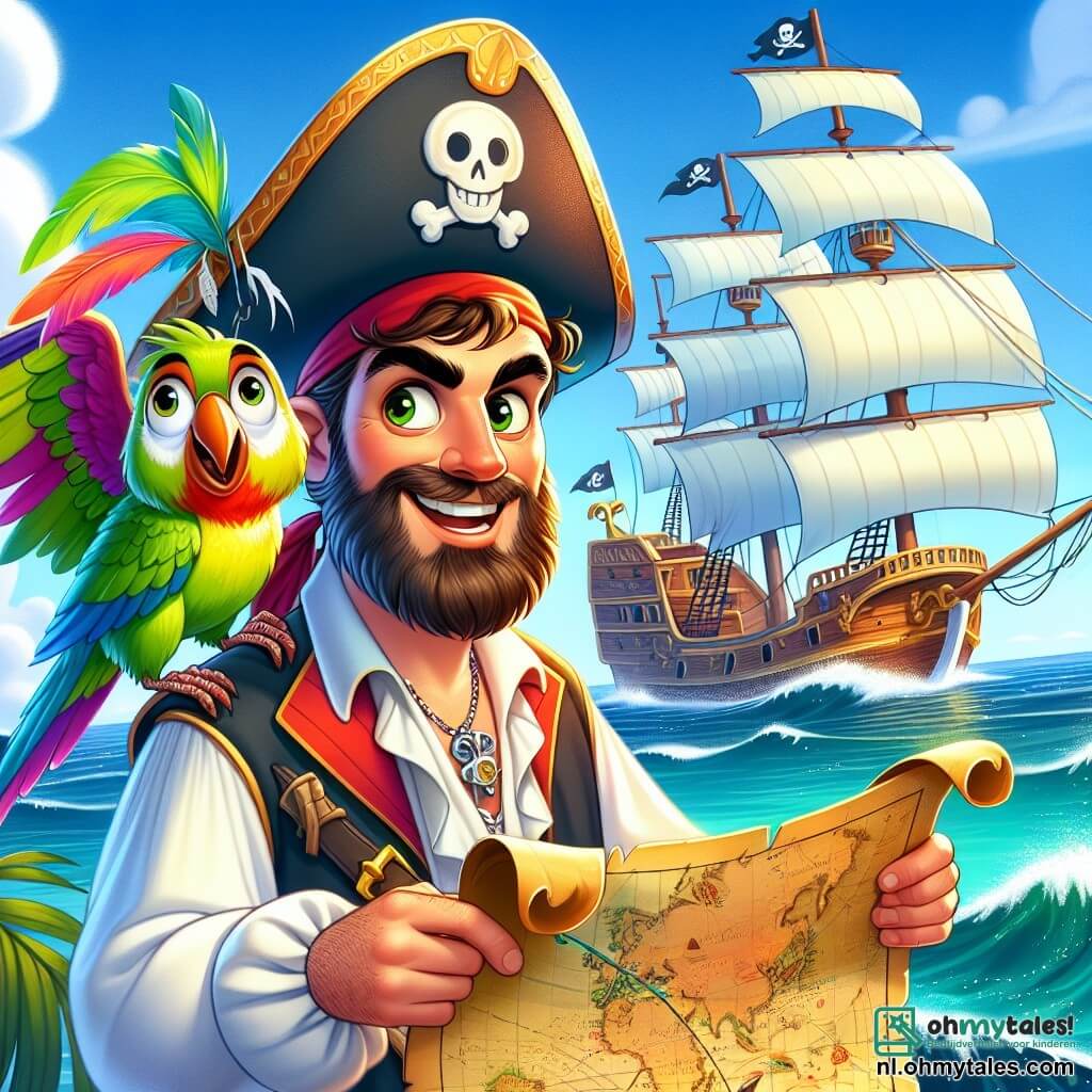 Kapitein Karel is een man van ongeveer dertig jaar, met een bruine baard en sprankelende ogen vol vastberadenheid. Hij draagt een piratenhoed versierd met een gekleurde veer en een witte blouse met een rode vest. Hij staat trots op het dek van zijn schip, De Blije Zeiler, met een schatkaart in zijn hand en een grote glimlach van opwinding. Naast hem zit Polly, een kleurrijke papegaai en trouwe vriendin. Ze heeft stralend groene veren en een felgele snavel. Ze zit op Karel's schouder, kijkt nieuwsgierig naar de kaart en laat blije kreten horen. De scène speelt zich af op het dek van een prachtig piratenschip, met witte zeilen die in de wind wapperen en een glinsterende blauwe oceaan op de achtergrond. Zachte golven breken tegen de romp van het schip, terwijl de lucht helder en zonnig is, wat een avontuurlijke sfeer creëert. De belangrijkste situatie toont Kapitein Karel en Polly die een schatkaart ontdekken, klaar om op avontuur te gaan om een oud magisch artefact te vinden dat verborgen is op een mysterieuze eiland.