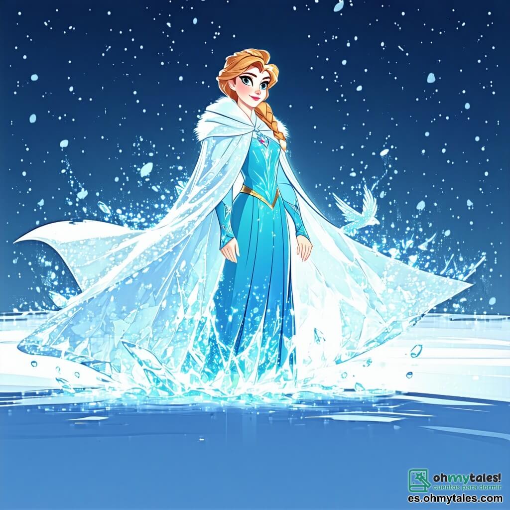 La Reina de las Nieves, una mujer majestuosa de un blanco resplandeciente, lleva un largo abrigo brillante de cristales de hielo. Su rostro es suave pero cargado de melancolía, sus ojos azul glaciar reflejan una profunda reflexión. Ella se encuentra en el centro, rodeada de una luz plateada, mirando con curiosidad a un grupo de amigos. Gerda, una valiente niña de unos 8 años, con cabello rojo brillante, está a su derecha. Sonríe con entusiasmo, sosteniendo una taza de chocolate caliente, sus mejillas sonrojadas por el frío. A su izquierda, un reno alegre, con pelaje marrón y majestuosos cuernos, está listo para saltar, sus ojos brillando de amistad. El decorado es un hermoso bosque invernal, donde los árboles están cubiertos de nieve brillante, y el suelo está tapizado de copos resplandecientes. Cristales de hielo cuelgan de las ramas, creando un espectáculo de ensueño bajo la luz de la luna. La situación principal muestra a la Reina de las Nieves, rodeada de sus amigos, compartiendo risas e historias alrededor de un cálido fuego, mientras la nieve cae suavemente, creando una atmósfera mágica y reconfortante.