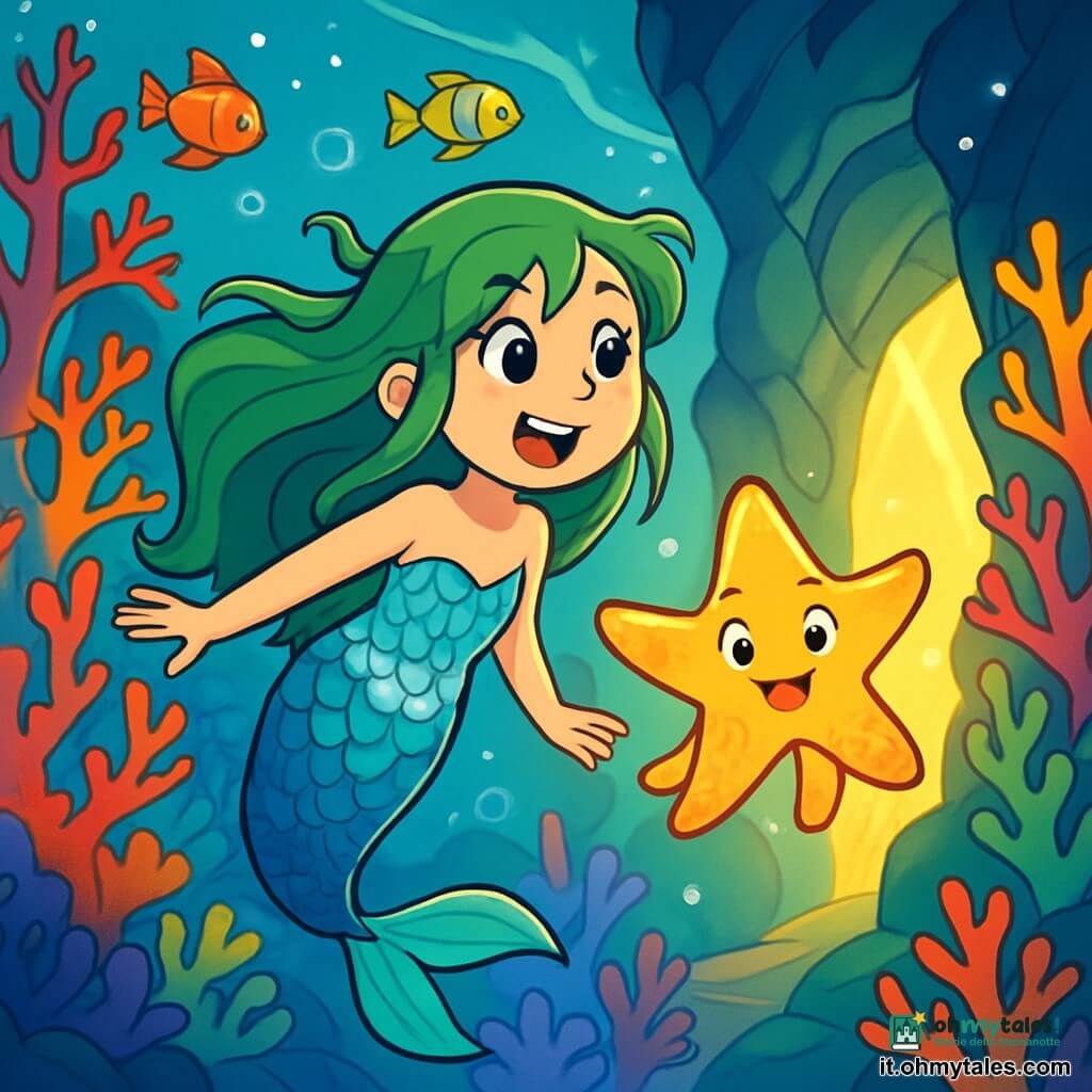 Una sirena di nome Sirenella, con lunghi capelli di alghe verdi e squame scintillanti di blu e argento, nuota gioiosamente in una foresta di coralli multicolori. Il suo viso esprime una curiosità vivace, con occhi brillanti come stelle. Accanto a lei, una piccola stella di mare di nome Lulù, con braccia a forma di tentacoli e un sorriso birichino, salta felice nell'acqua, illuminando l'ambiente con la sua luce dolce. Il paesaggio è una foresta sottomarina vibrante, con coralli a forma di alberi che si ergono verso la superficie, punteggiati di bolle scintillanti che fluttuano nell'acqua chiara. Sirenella e Lulù stanno scoprendo l'ingresso di un canyon misterioso, dove una luce splendente filtra tra le rocce, risvegliando la loro curiosità e il loro senso di avventura.