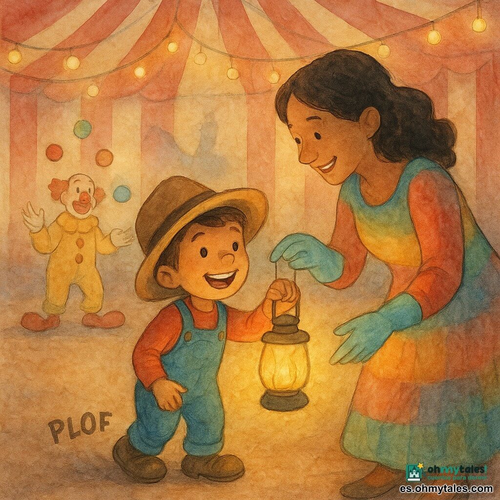 Un niño de 6 años, Lolo, con una gran sonrisa y ojos brillantes, lleva un sombrero demasiado grande para él y zapatos que hacen "plof". Sostiene una pequeña linterna brillante en sus manos. A su lado, una mujer de unos 35 años, Tila, vestida con un vestido multicolor y guantes suaves, le muestra cómo dirigir la luz. Ella tiene una sonrisa amable y está ligeramente inclinada hacia Lolo. En el fondo, un payaso de unos cincuenta años, con una nariz roja y zapatos gigantes, malabarea torpemente con pelotas de colores. Está a unos metros detrás de Lolo y Tila, en una pista de circo iluminada. La escena ocurre bajo una gran carpa de circo con rayas rojas y blancas, con guirnaldas luminosas colgadas del techo. La situación principal muestra a Lolo, maravillado, dirigiendo la luz de su linterna hacia el payaso, creando sombras danzantes y divertidas en la lona de la carpa.