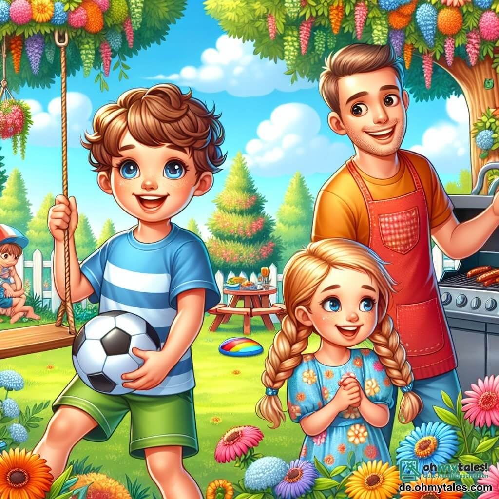 In einem sonnigen Garten lächelt ein 10-jähriger Junge namens Lukas mit lockigem braunem Haar, während er mit einem Fußball spielt. Er trägt ein blaues T-Shirt und grüne Shorts. Neben ihm bereitet sein 35-jähriger Vater mit kurzen Haaren und leichtem Bart, der ein rotes Schürze und einen Sonnenhut trägt, ein Barbecue vor. Etwas weiter entfernt beobachtet ein 9-jähriges Mädchen, Mia, mit geflochtenem blonden Haar und einem Blumenkleid, lachend und hält einen bunten Frisbee in den Händen. Der Garten ist voller bunter Blumen, großer Bäume und einer Schaukel, die an einem Baum hängt, was eine fröhliche und einladende Atmosphäre schafft. Die Szene zeigt Lukas und seinen Vater, die einen Moment der Verbundenheit teilen, während Mia sich darauf vorbereitet, zu ihnen zu stoßen, um gemeinsam zu spielen, was die Idee von Familie und Freundschaft, selbst nach Veränderungen im Leben, illustriert.