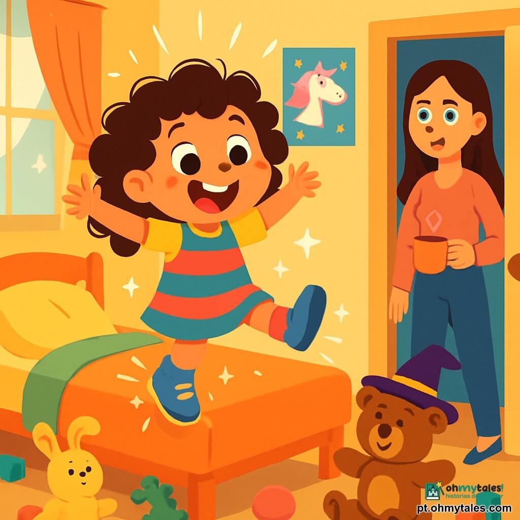 Uma menina de 4 anos, Maricota, com grandes olhos brilhantes e cabelos cacheados bagunçados, veste roupas coloridas e meias diferentes. Ela salta de alegria na cama, com um sorriso radiante no rosto, enquanto brilhos de luz cintilam ao seu redor. Sua mãe, uma mulher na casa dos trinta anos com cabelos longos e lisos, entra na sala com as sobrancelhas franzidas e uma expressão surpresa, segurando uma xícara de café fumegante. Ela fica perto da porta, observando a cena com espanto. O quarto de Maricota está cheio de brinquedos espalhados, pelúcias coloridas e pôsteres de unicórnios nas paredes. A luz do sol passa pelas cortinas, criando uma atmosfera acolhedora e mágica. Nesta cena, Maricota descobre que seus novos sapatos mágicos fazem todos os objetos do quarto dançarem, transformando sua cama em um trampolim e seu ursinho de pelúcia em um personagem divertido com um chapéu de bruxa.