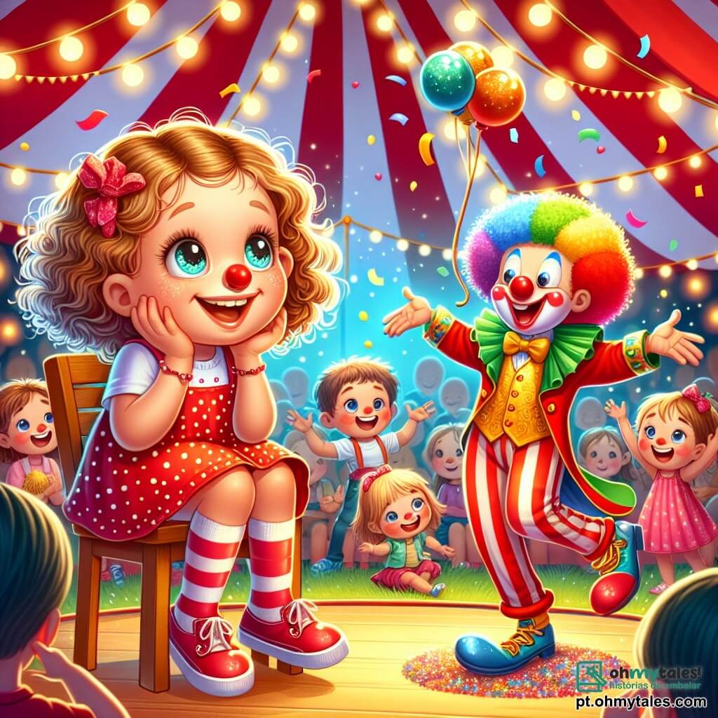 Uma menina de 2 anos, com grandes olhos brilhantes e cabelos cacheados, está sentada em uma cadeira de madeira, com as mãos nos joelhos, um sorriso radiante iluminando seu rosto. Ela veste um vestido vermelho com bolinhas brancas e meias listradas, observando o circo com admiração. Um palhaço alegre, com nariz vermelho e cabelos coloridos, faz acrobacias a poucos metros dela, rindo e lançando confetes ao ar. Um malabarista, um jovem de cerca de 20 anos, está ao lado, malabarizando com bolas brilhantes que cintilam sob as luzes da tenda. O circo está montado sob uma grande tenda listrada vermelha e branca, com luzes brilhantes e faixas coloridas que flutuam ao vento. Os espectadores riem e aplaudem ao redor, criando uma atmosfera alegre e festiva. A menina está encantada com o palhaço que escorrega em uma casca de banana, provocando risadas gerais, enquanto bate palmas com entusiasmo, cheia de alegria e excitação.