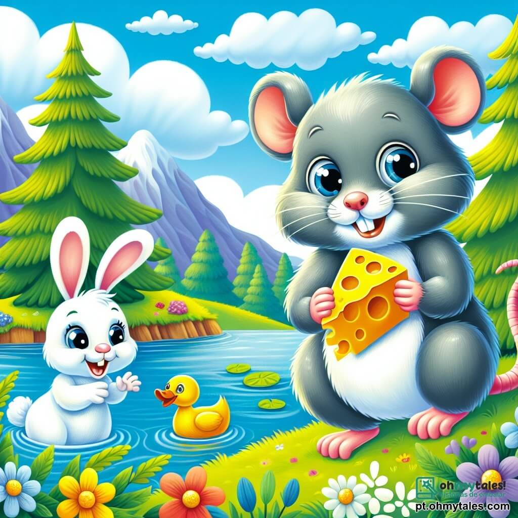 Um ratinho fofo, com pelagem cinza e olhos brilhantes de curiosidade, está à beira de um lago, parecendo surpreso e feliz, segurando um pedaço de queijo com suas pequenas patas. Ao seu lado, uma coelhinha elegante com grandes orelhas e pelagem branca, sorridente, observa o rato com entusiasmo, pronta para ajudá-lo em sua busca. Um majestoso pinheiro verde se ergue ao fundo, enquanto um pato amarelo, flutuando na água, observa o rato com um olhar divertido, segurando o queijo que encontrou. O céu é azul com algumas nuvens fofas, e flores coloridas cercam a margem, adicionando um toque de magia a esta cena alegre onde os amigos se reúnem em torno de um delicioso queijo.