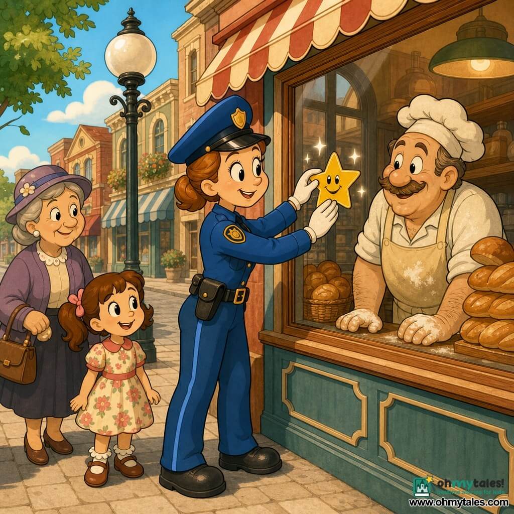 A smiling, kind policewoman with light brown hair in a bun, wearing a bright blue uniform and shiny badge, places a yellow star-shaped "Thank You" sticker on a bakery window; the baker, about 50, with floury hands and a stained beige apron, smiles from behind the wooden counter leaning on a stack of breads; a girl of about 8 in pigtails and a floral dress stands on the sidewalk holding her grandmother’s hand and smiling; small-town late-morning street with clean paved sidewalk and retro storefronts under a clear sky; warm, accessible scene with centered composition, warm colors, soft lines, and rounded silhouettes.