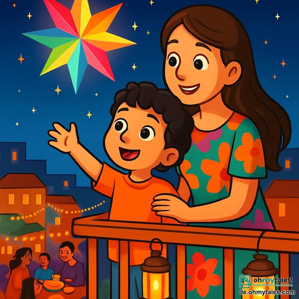 Ein 6-jähriger Junge, Sami, mit schwarzen, lockigen Haaren und neugierigen, leuchtenden Augen steht auf einem Balkon. Er lächelt staunend und schaut auf einen großen, bunten Stern am Nachthimmel. Neben ihm steht seine Mutter, eine etwa dreißigjährige Frau mit langen, braunen Haaren, die ein buntes Kleid trägt und ihn liebevoll mit einem Arm umschlingt. Der Balkon ist mit funkelnden Laternen dekoriert, und darunter ist die Stadt von festlichen Lichtern erleuchtet, mit Menschen, die in den Straßen versammelt sind, lachen und traditionelle Gerichte teilen. Die Szene strahlt eine fröhliche und warme Atmosphäre aus, voller lebendiger Farben und Licht. Sami, fasziniert, scheint bereit zu sein, zu dem Stern zu fliegen, während seine Mutter ihm lächelt und diesen magischen Moment mit ihm teilt.