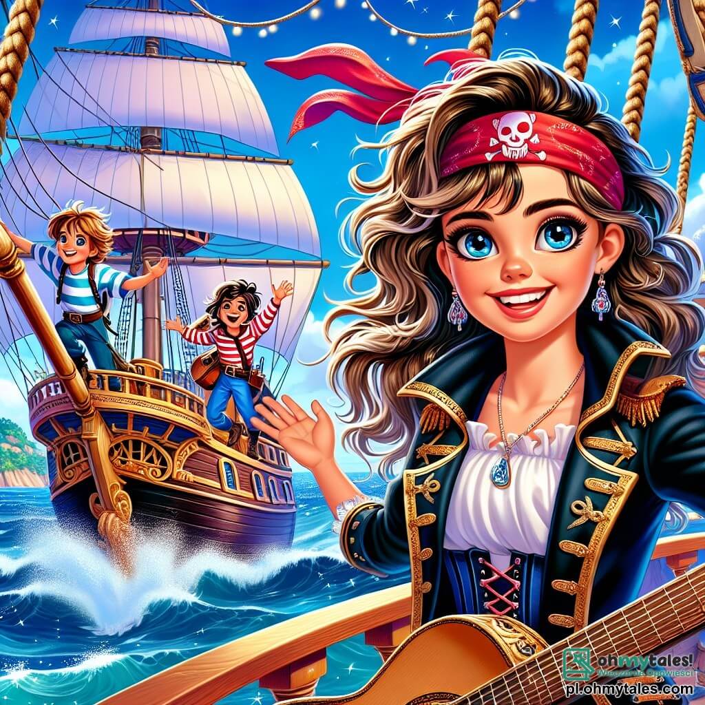 Kapitan Kasia, odważna piratka w wieku około 30 lat, dumnie stoi na pokładzie swojego statku "Srebrna Mewa". Ma długie, falujące włosy upięte w czerwoną chustę i nosi czarny płaszcz ozdobiony złotymi detalami. Jej twarz wyraża determinację i podekscytowanie, a szeroki uśmiech rozświetla jej błyszczące oczy. Obok niej młody Filip, 10-letni chłopiec, z zwinnością wspina się na maszt statku, z rękami otwartymi jakby latał, a jego twarz promienieje radością. Na dole Basia, 8-letnia dziewczynka, radośnie śpiewa grając na gitarze, jej blond włosy powiewają na wietrze, dodając atmosferze magii. Miejsce to rozległy niebieski ocean, usiany migoczącymi falami pod słonecznym niebem, z zielonymi wyspami na horyzoncie. Statek, z białymi żaglami napełnionymi wiatrem, majestatycznie wznosi się na falach. Główna sytuacja przedstawia załogę "Srebrnej Mewy" w trakcie przygody, gotową do żeglugi w kierunku tajemniczej wyspy, pełną entuzjazmu i nadziei, podczas gdy wiatr dmucha w ich żagle, a kolorowe ptaki latają wokół nich.