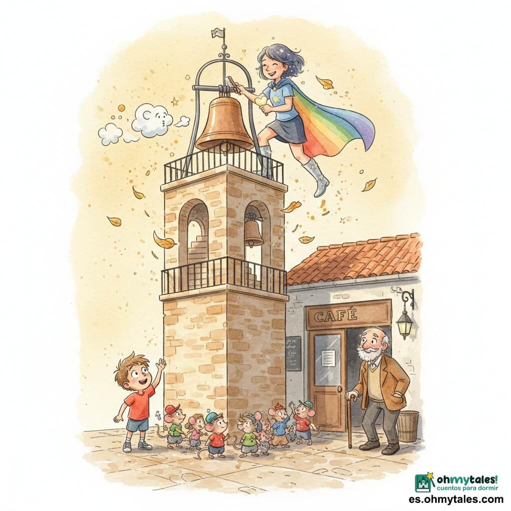 Heroína Stella Brío, sonrisa suave y concentrada, capa arcoíris ondeando, botas plateadas, cabello corto salpicado de estrellas, limpiando con una pequeña brocha una gran campana de cobre en una torre; niño de unos 6 años, pelo castaño alborotado, camiseta roja, sentado en un banco de la plaza mirando la torre con ojos maravillados; anciano de unos 70 años, barba gris y chaqueta marrón, apoyado en un bastón frente a la puerta de un café, sonriendo y esperando; grupo de pequeñas ratitas con sombreros coloridos haciendo fila en la base de la torre, gestos traviesos y tiernos; una nubecilla blanca juguetona cerca de la cima sopla una brisa suave; torre de piedra beige cálida con escalera de caracol y baranda de hierro negro, hojas doradas y polvo en el alfeizar, luz dorada del atardecer iluminando la escena; escena principal: la heroína pule la campana con gestos calmados y coloca una pequeña luz en forma de corazón, la plaza sonríe y espera, ambiente cálido en tonos pastel con toques plateados.