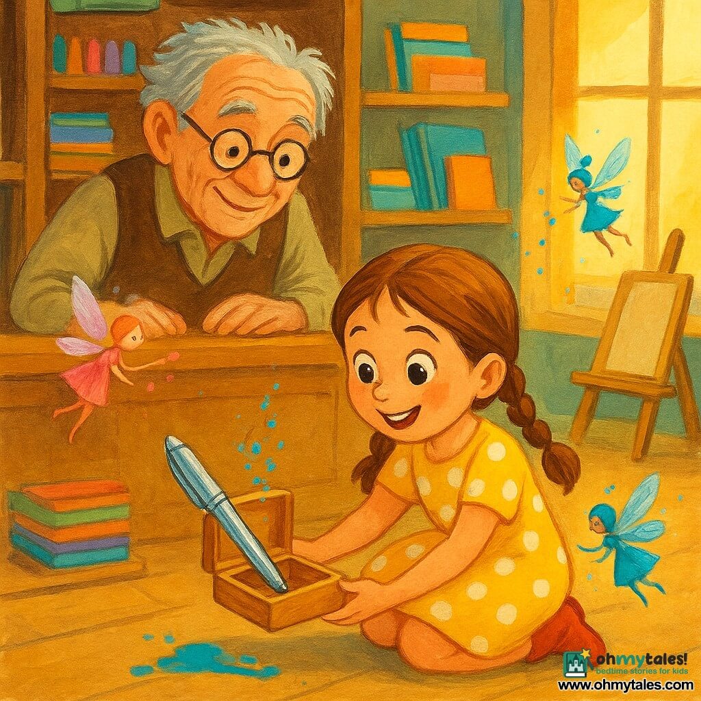 A radiant, curious 6-year-old girl with big bright eyes and chestnut hair in two braids wears a yellow polka-dot dress and red boots; she crouches smiling, holding an open box revealing a silver pen. Mr. Whiskers, about 70, with a lined face, round glasses, tousled gray hair and a brown vest, stands behind the counter to the left with his hands on it, watching her tenderly. Two tiny nonhuman stationery fairies with translucent wings and glittery paper dresses flutter near a shelf, leaving sparkling drops of colored ink. The cozy stationery shop has wooden shelves of rainbow pencils, shiny notebooks and sparkling paper, a drawing table with a wooden easel and a large window with a warm sunbeam. The main scene shows the joyful discovery of the missing pen behind the easel, the open box on the floor, a cyan ink trail leading to the treasure, bright vivid colors and visible gouache textures, and a gentle, magical detective atmosphere.