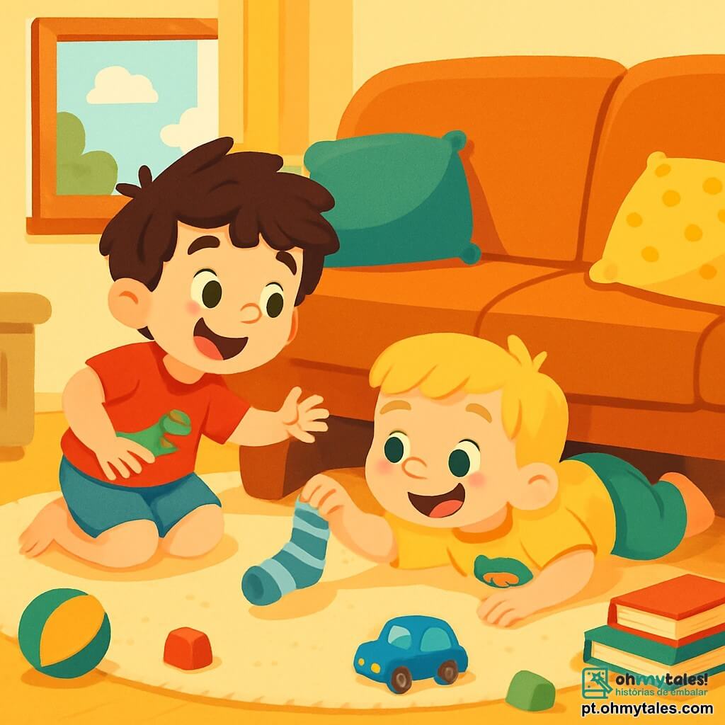 Há 2 personagens principais: - Lucas: um menino de 6 anos, com cabelos castanhos bagunçados e olhos brilhantes. Ele usa uma camiseta vermelha com um dinossauro e um short azul. Ele está agachado, rindo, com uma mão estendida em direção ao sofá. - Pedro: um menino de 5 anos, com cabelos loiros e bochechas redondas. Ele usa uma camiseta amarela com um super-herói e uma calça verde. Ele está deitado de barriga para baixo, olhando sob o sofá com um grande sorriso. O local é uma sala aconchegante, com um grande sofá macio, almofadas coloridas espalhadas e um tapete suave no chão. Há brinquedos espalhados, livros empilhados e uma luz suave entrando pela janela. A situação principal mostra Lucas e Pedro em uma caça ao tesouro, procurando objetos divertidos sob o sofá. Eles riem juntos, descobrindo uma velha meia, e sua alegria é contagiante.