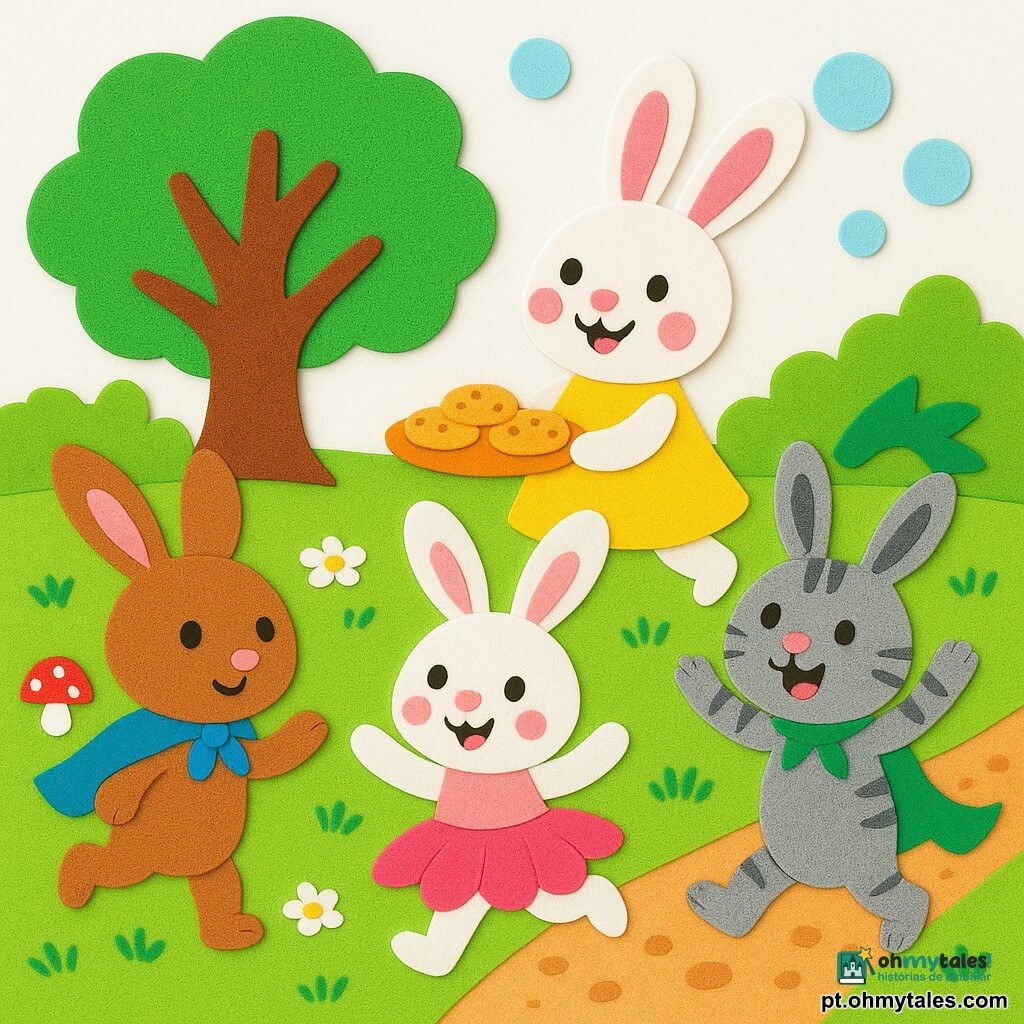 Lila, pequena coelhinha branca de orelhas rosas, sorri radiante, veste saia-pétala rosa e rodopia; à esquerda Tico, coelhinho castanho-claro com capa azul, marcha heroicamente; à direita Beto, coelho cinza rajado, mostra uma cauda de dragão de papel verde e faz um "roooar" divertido; a mãe coelha ao fundo segura uma bandeja de biscoitos perto de um carvalho; cenário: clareira ensolarada com relva, margaridas, cogumelos vermelhos, caminho de pedrinhas e bolhas de sabão; cena: mini-parada alegre com os três irmãos fantasiados, cores vivas, contornos grossos e textura efeito espuma EVA.