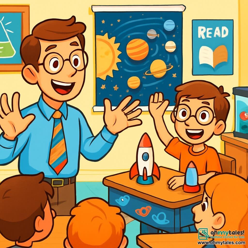 A young man, Mr. Oliver Bright, smiling and enthusiastic, stands in front of an animated classroom. He has brown hair and round glasses, wearing a blue shirt and a colorful tie. His eyes sparkle with excitement as he passionately explains a science concept. In the back of the class, Jamie, a 10-year-old boy with brown hair and glasses, raises his hand with a big smile, ready to share his idea. He sits at a desk decorated with drawings of rockets and planets. The scene takes place in a bright classroom, with walls adorned with colorful posters on science and reading, neatly arranged wooden desks, and an aquarium in the corner where a goldfish swims happily. Mr. Bright, surrounded by his students, is presenting a project on the solar system, while Jamie, full of enthusiasm, prepares to showcase his rocket model, creating an atmosphere of curiosity and joyful learning.