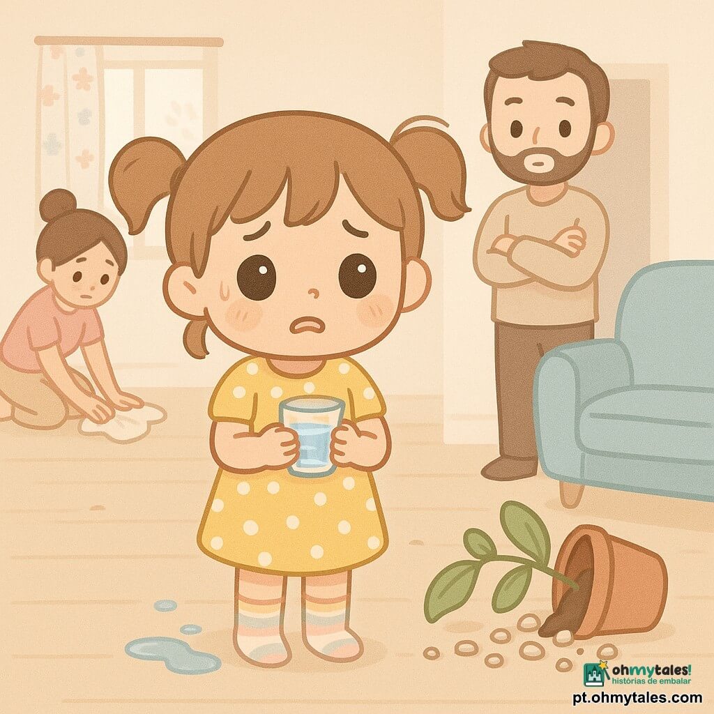 Menina de 6 anos, rosto redondo, olhos grandes e brilhantes, cabelos castanho-claro em rabo-de-cavalo duplo, expressão culpada e hesitante, segurando um copo pequeno de água com as mãos trêmulas; veste vestido amarelo com bolinhas brancas e meias listradas, várias gotas no chão junto aos pés; vaso de barro pequeno tombado ao lado do sofá, pedras brancas espalhadas e uma folha dobrada visível; pai de ~35 anos, barba rala, de pé na porta do quarto ao fundo, olhar surpreso mas doce e braços cruzados; mãe de ~32 anos, cabelo preso, no canto da sala enxugando o chão com um pano e olhando para a menina; sala clara com piso de madeira clara, sofá azul pastel, luminária pendente redonda e raios de luz suaves entrando por uma janela com cortinas florais; cena logo após o vaso cair, ambiente tenso porém calmo, composições simples, cores pastel e traços arredondados, expressões empáticas.