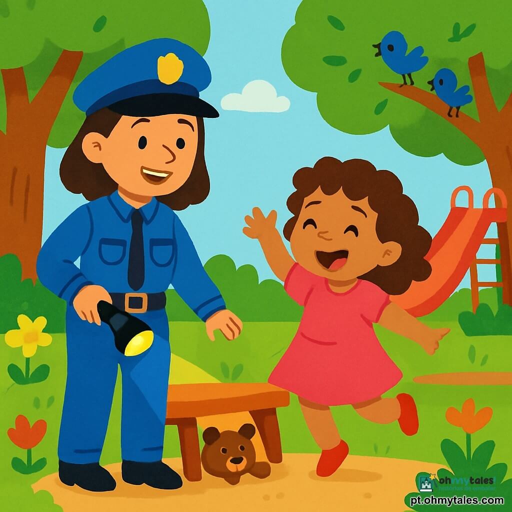 Uma policial sorridente, Ana, está em pé em um parque verdejante. Ela usa um uniforme azul-vivo, um chapéu de policial e segura uma lanterna na mão. Seu rosto irradia bondade e determinação. Ao lado dela, uma menina de 6 anos chamada Rita, com cabelos cacheados e um vestido rosa, olha para seu ursinho de pelúcia com olhos brilhantes de alegria. Rita está pulando de felicidade, com os braços levantados. O parque está cheio de árvores majestosas, flores coloridas e um grande escorregador vermelho. Pássaros cantam nos galhos, acrescentando um toque alegre à atmosfera. A cena principal mostra Ana e Rita, de mãos dadas, procurando o ursinho perdido debaixo de um banco. Ana se agacha com um sorriso encorajador, enquanto Rita aponta com empolgação para o lugar onde acha que o ursinho pode estar escondido.