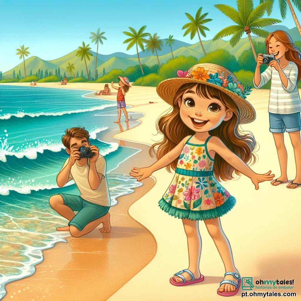 Uma menina de 6 anos, chamada Ana, com longos cabelos castanhos e olhos brilhantes de curiosidade, está na praia do Havai, de braços abertos e um grande sorriso no rosto, expressando alegria e admiração. Ela usa um maiô colorido com estampas de flores e sandálias de plástico. Ao lado dela, sua mãe, uma mulher na casa dos trinta anos com cabelos castanhos e um chapéu de palha, tira fotos com uma câmera, rindo e incentivando a filha a se divertir. Um pouco mais longe, seu pai, um homem na casa dos trinta anos com uma barba leve e óculos de sol, constrói um castelo de areia, concentrado mas sorrindo, olhando para a filha com orgulho. A cena acontece em uma praia de areia dourada, cercada por palmeiras verdes que balançam suavemente ao vento. A água turquesa do oceano brilha sob o sol, e ondas suaves lambem a costa, criando uma atmosfera de férias alegres. Ana, cheia de energia, corre em direção às ondas, pronta para mergulhar na água fresca, enquanto crianças brincam ao seu redor, criando um clima de felicidade e aventura de verão.