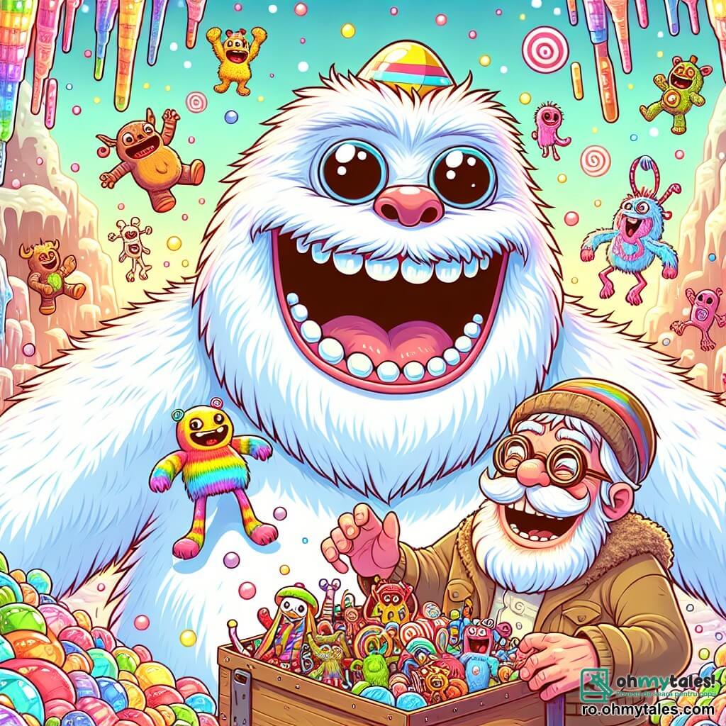 Un Yeti uriaș, cu blana albă ca zăpada, cu ochi strălucitori și rotunzi, râde cu poftă, gura lui mare arătând dinți albi. Poartă o pălărie amuzantă cu clopoței care îi cade pe ureche. Lângă el, un bărbat în vârstă de aproximativ 50 de ani, cu fața acoperită de păr zburlit și ochelari rotunzi, observă cu un zâmbet admirativ, ținând o cutie mică plină cu gadgeturi ciudate. Se află în centrul unei grote vaste cu pereți strălucitori, decorați cu stalactite multicolore care strălucesc ca bomboanele. Scena îi arată pe Yeti și inventator râzând împreună, înconjurați de creaturi amuzante care dansează și plutesc în aer, creând o atmosferă veselă și festivă.