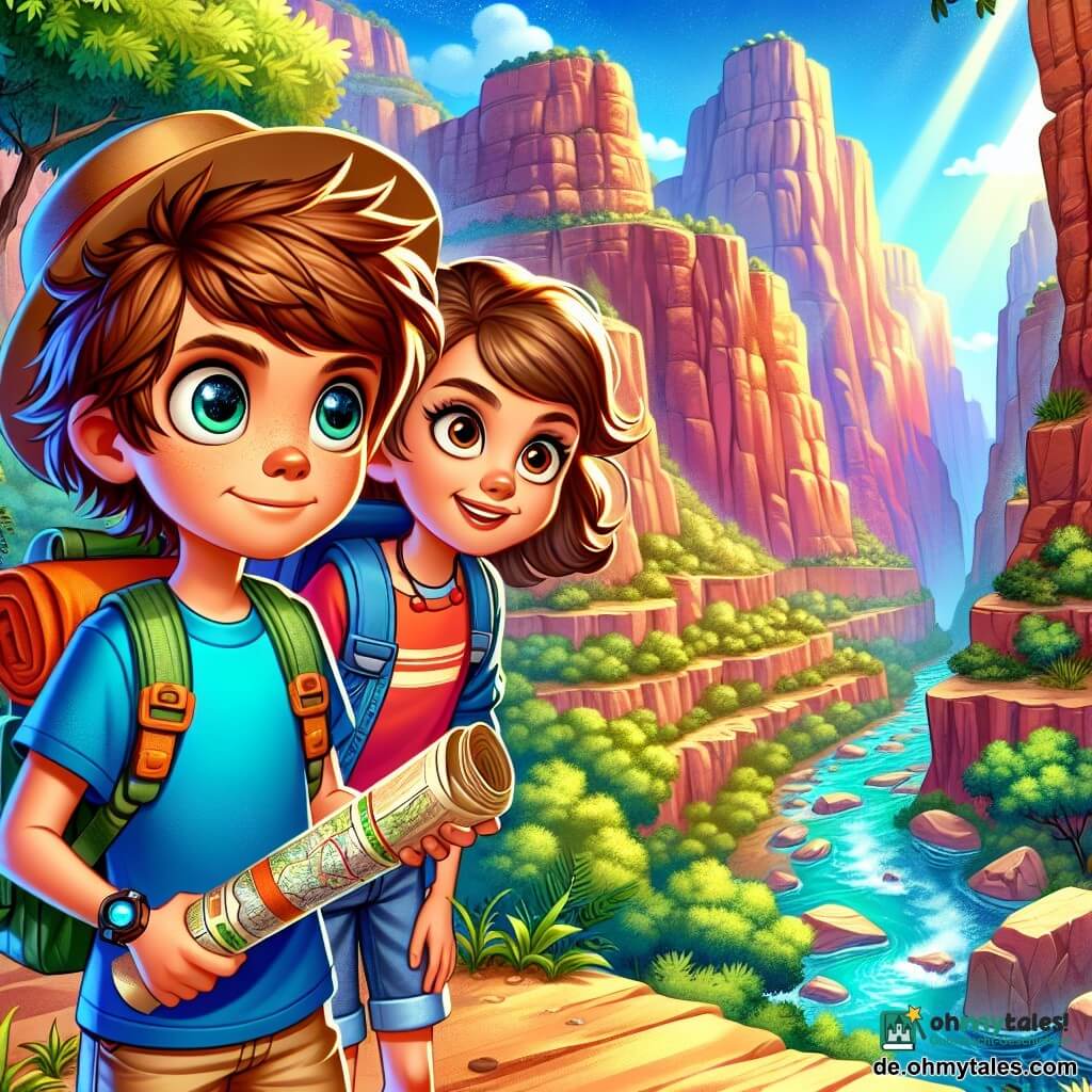 Ein Junge namens Jonas, etwa 12 Jahre alt, steht am Rand eines majestätischen Canyons, seine Augen glänzen vor Aufregung und Neugier. Er hat zerzauste kastanienbraune Haare, trägt ein leuchtend blaues T-Shirt und khakifarbene Shorts und hält eine alte, gerollte Karte in seinen Händen, während er mit einem entschlossenen Lächeln in die Ferne schaut. An seiner Seite ist seine beste Freundin Lisa, ein 11-jähriges Mädchen mit langen blonden Haaren, das einen Sonnenhut und einen bunten Rucksack trägt. Sie schaut Jonas bewundernd an, bereit, ihn auf dem Abenteuer zu begleiten. Der Canyon ist beeindruckend mit steilen Felswänden, warmen orange- und roten Gesteinsformationen und einem leichten Nebel über einem glitzernden Bach, der unten entlang schlängelt. Üppige grüne Bäume und Farne bringen Frische in diese trockene Landschaft. Die Hauptsituation zeigt Jonas und Lisa, die sich darauf vorbereiten, den geheimnisvollen Canyon zu erkunden, umgeben von der wilden Schönheit der Natur, mit einem spürbaren Abenteuergeist in der Luft. Sie stehen kurz davor, verborgene Geheimnisse zu entdecken, ihre Gesichter strahlen vor Aufregung und Vorfreude.
