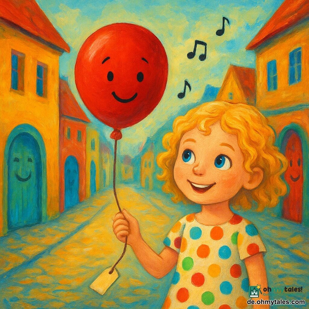 Ein sechsjähriges Mädchen namens Amelie, mit lockigen blonden Haaren und funkelnden Augen, hält einen leuchtend roten Ballon in ihrer Hand. Sie hat ein staunendes Lächeln und trägt ein bunt gepunktetes Kleid. Neben ihr schwebt fröhlich ein roter Ballon namens Herr Pustekuchen, mit einem kleinen Gesicht darauf gemalt und einem Etikett an einer Schnur befestigt. Der Ballon wirkt lebendig und freundlich. Im Hintergrund eine magische und farbenfrohe Straße, die "Bitte-leise-aber-fröhlich-Straße", mit Häusern, deren bunte Türen singen. Jede Tür hat einen fröhlichen Ausdruck und Musiknoten schweben in der Luft. Die Szene ist in ein sanftes, warmes Licht getaucht und schafft eine Märchenatmosphäre.