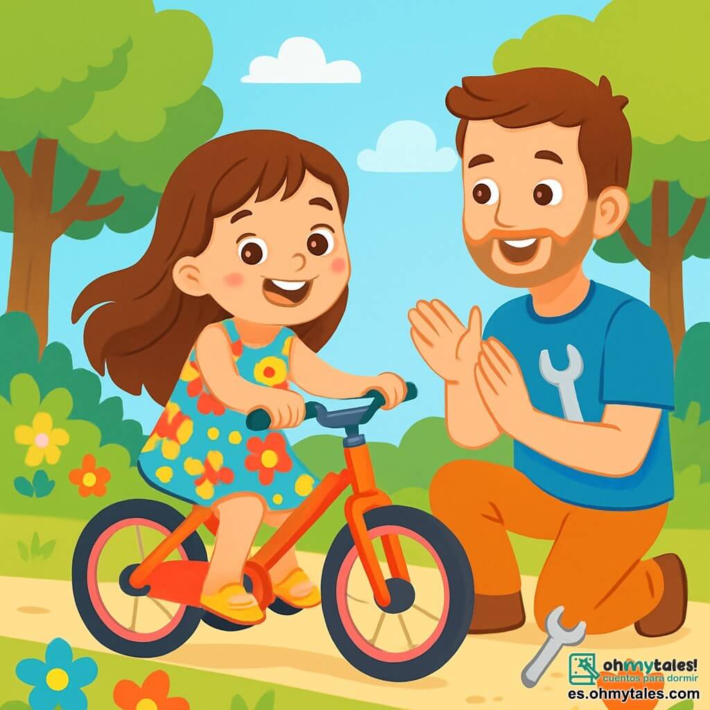 Una niña de 6 años, con largos cabellos castaños y ojos brillantes de alegría, está sentada en una bicicleta brillante, sonriendo y llena de orgullo. Lleva un vestido de flores coloridas y sandalias amarillas, y sus mejillas están sonrojadas por la emoción. A su lado, su papá, un hombre de unos 30 años, con cabello castaño y una barba ligera, la mira con una sonrisa alentadora, sosteniendo una herramienta en la mano. Están en un parque verde, rodeados de majestuosos árboles y flores brillantes, bajo un cielo azul claro con nubes blancas. La niña pedalea alegremente, descubriendo la sensación de libertad, mientras su papá la aplaude, creando una atmósfera de felicidad y confianza.