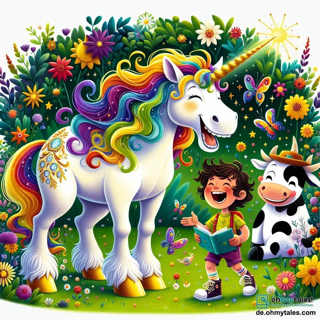 Eine wunderschöne Einhorn namens Luna steht im Mittelpunkt der Szene. Sie hat eine schimmernde Regenbogenmähne, einen funkelnden weißen Körper und einen fröhlichen Blick mit schelmischen Augen. Luna lacht, ihre goldenen Hufe leicht erhoben, als wäre sie bereit, in einen fröhlichen Tanz zu springen. Neben ihr steht ein etwa 8-jähriger Junge namens Felix, der ein buntes T-Shirt und Shorts trägt. Er hat zerzauste braune Haare und ein breites Lächeln im Gesicht, während er ein kleines Heft voller Witze hält. Er steht etwas zurückgezogen und erzählt Luna einen Witz mit lebhaften Gesten. Etwas weiter entfernt sitzt eine lustige Kuh namens Berta mit einem bunten Hut auf dem Kopf und lacht herzhaft. Sie hat schwarz-weiße Flecken und runde, schelmische Augen und sitzt auf dem grünen Gras, umgeben von leuchtenden Blumen. Die Szene spielt in einem wunderschönen verzauberten Garten, der voller bunter Blumen, funkelnder Bäume und eines klaren Baches ist, der sich durch die Landschaft schlängelt. Schmetterlinge tanzen in der Luft und verleihen der Umgebung einen Hauch von Magie. Die Hauptsituation zeigt Luna und Felix, die gemeinsam Witze erzählen und lachen, während Berta sich ihnen anschließt und eine Atmosphäre der Freude und Kameradschaft an diesem märchenhaften Ort schafft.