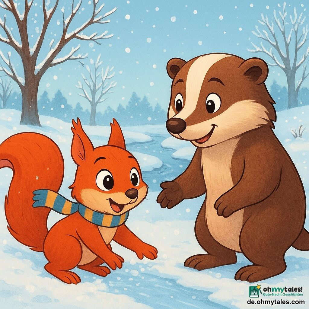 Ein kleiner, leuchtend roter Eichhörnchen namens Fiete, mit großen, funkelnden Augen vor Aufregung, steht auf einem verschneiten Weg und wühlt mit seinen kleinen Pfoten im glitzernden Schnee. Er trägt einen gestreiften Schal, der leicht im kalten Wind weht, und sein Gesichtsausdruck ist sowohl neugierig als auch fröhlich. Neben ihm schaut ein dicker, brauner und weicher Dachs namens Bruno mit einem wohlwollenden Lächeln auf Fiete, seine Augen strahlen Weisheit aus. Er steht fest auf seinen Hinterbeinen und ist bereit, seinem Freund zu helfen. Im Hintergrund erstreckt sich eine bezaubernde Winterlandschaft: majestätische Bäume mit kahlen, frostbedeckten Ästen und ein halb gefrorener kleiner Bach, der sanft unter dem Eis murmelt. Sanfte Schneeflocken fallen vom hellblauen Himmel und verleihen der Szene einen magischen Touch. Die Hauptsituation zeigt Fiete und Bruno, die zusammen den verschneiten Weg erkunden, wobei Fiete leicht über eine Eisplatte stolpert, während Bruno ihm eine Pfote reicht, um ihm aufzuhelfen, was Freundschaft und Solidarität im Winter veranschaulicht.