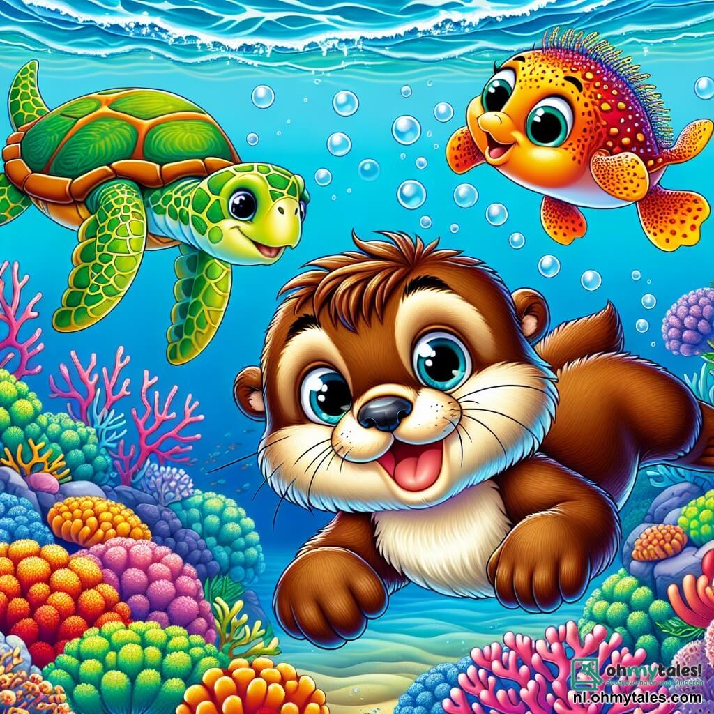 In het midden van de afbeelding zwemt een jonge otter genaamd Finn, met een glanzende bruine vacht en nieuwsgierige ogen, enthousiast in een turquoise zee. Hij heeft een brede glimlach en zijn kleine zwemvliezen bewegen het water om hem heen. Rechts van hem observeert een oude zeeschildpad, met een schild versierd met kleurrijke koralen, Finn met een wijze en vriendelijke blik. Ze lijkt geamuseerd en haar ogen zijn geknepen van een zachte glimlach terwijl ze langzaam aan de oppervlakte drijft. Links springt een kleine, kleurrijke kogelvis vrolijk uit het water. Hij ziet er ondeugend en gelukkig uit, klaar om met Finn te spelen. De achtergrond toont een prachtig koraalrif, vol met kleurrijke koralen, golvende waterplanten en tropische vissen die op de achtergrond zwemmen, wat een levendige en bruisende sfeer creëert. Finn verkent zijn onderwateromgeving, verwonderd door de verborgen schatten van het rif, terwijl zijn vrienden hem aanmoedigen om de wonderen van de oceaan te ontdekken.