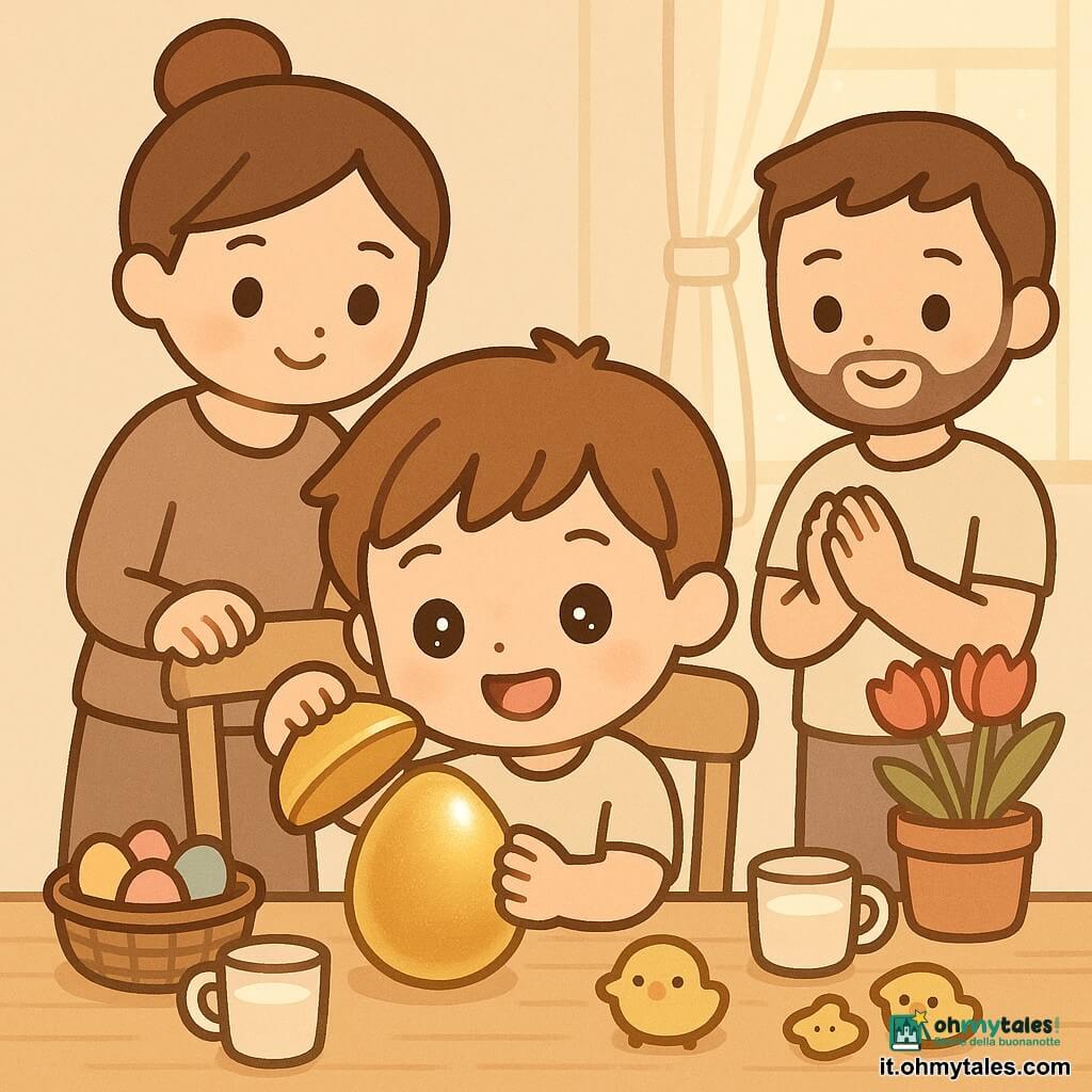 Bambino di 6 anni, volto rotondo, capelli castano chiaro a ciocche morbide, occhi grandi e brillanti, sorriso meravigliato, seduto al tavolo di legno mentre solleva delicatamente il coperchio di un grosso uovo dorato; mamma (30–35 anni) con capelli castani raccolti a chignon, sorriso tenero, mano sullo schienale della sedia sinistra, lo guarda con affetto; papà (30–35 anni) con barba lieve e maglietta chiara, in piedi a destra vicino a una finestra, applaude piano con sguardo fiero; cucina calda e semplice, pareti color crema, tavolo chiaro, cesto di vimini con uova colorate, tazze di latte, biscotti a forma di pulcino, vaso di tulipani rossi sul davanzale, luce mattutina soffusa; momento di scoperta: l'uovo dorato si apre rivelando una piccola lettera e un sacchetto di minuscoli semi, atmosfera magica e calma, colori pastello, composizione centrata sul bambino e sull'uovo con i genitori sullo sfondo.