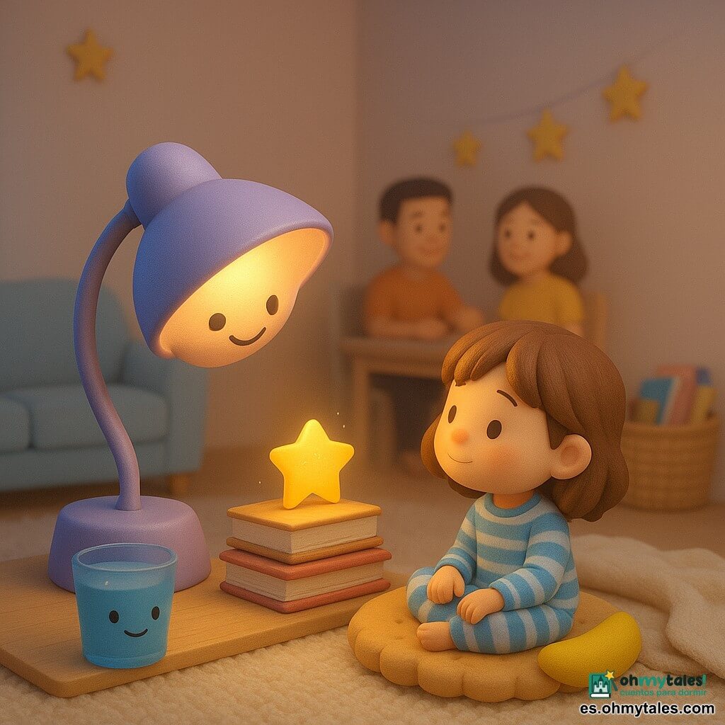 La lámpara Lila, una pequeña lámpara de noche antropomórfica color lavanda, ilumina con una sonrisa y inclina su pantalla para que aparezca una minúscula estrella sobre una pila de libros; Nora, niña de tres años en forma de muñeca de plástico con pijama a rayas, está sentada en un cojín en forma de galleta con la estrella en la punta de la nariz; el vaso Azul, un pequeño vaso antropomórfico azul a la izquierda con una gota brillante, sonríe tímidamente; los padres son siluetas desenfocadas al fondo en la mesa; todo ocurre en un rincón de lectura acogedor (alfombra crema, dos cojines, manta ligera, cesto de libros, paredes pastel y guirnalda de estrellas) durante la preparación del iftar al crepúsculo, ambiente cálido y tranquilo.