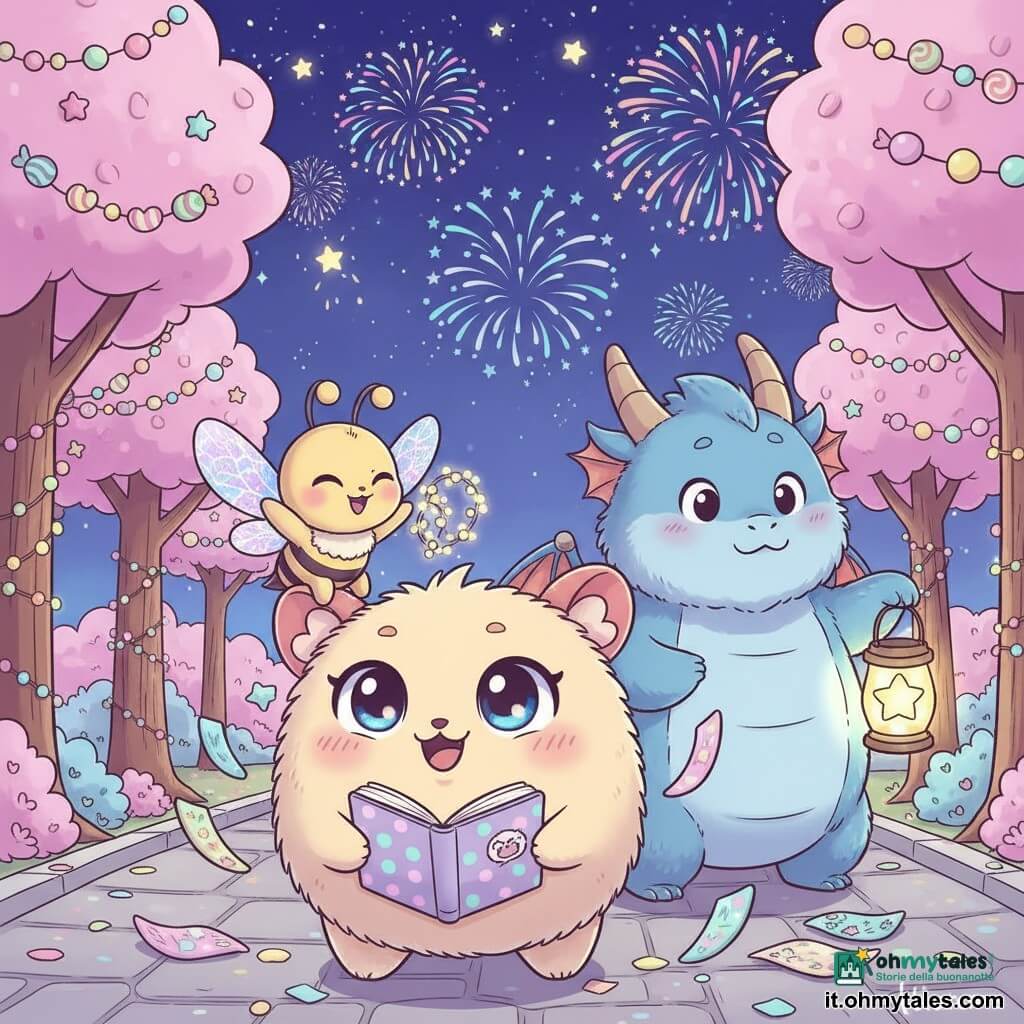 Luno, un piccolo Pufino rotondo e peluche con grandi occhi blu e orecchie a cuore, sorride deciso tenendo un quaderno a pois mentre foglie svolazzanti lo circondano; Lila, una piccola ape-farfalla dalle ali iridescenti, è sulla sua spalla e agita una piccola ghirlanda luminosa; dietro di loro un grande drago azzurro e lanuginoso, bonario e un po' buffo, tiene una lanterna a forma di stella. Lo scenario è il Regno degli Imperfetti trasformato: strade acciottolate grigio chiaro con coriandoli, alberi di marshmallow rosa, ghirlande di caramelle e luci sospese, sopra un cielo notturno di fuochi d'artificio e stelline. Situazione: Luno e gli amici raccolgono foglie di buoni propositi che volano come farfalle, decorano il regno e festeggiano il Capodanno con risate, luci e coriandoli.