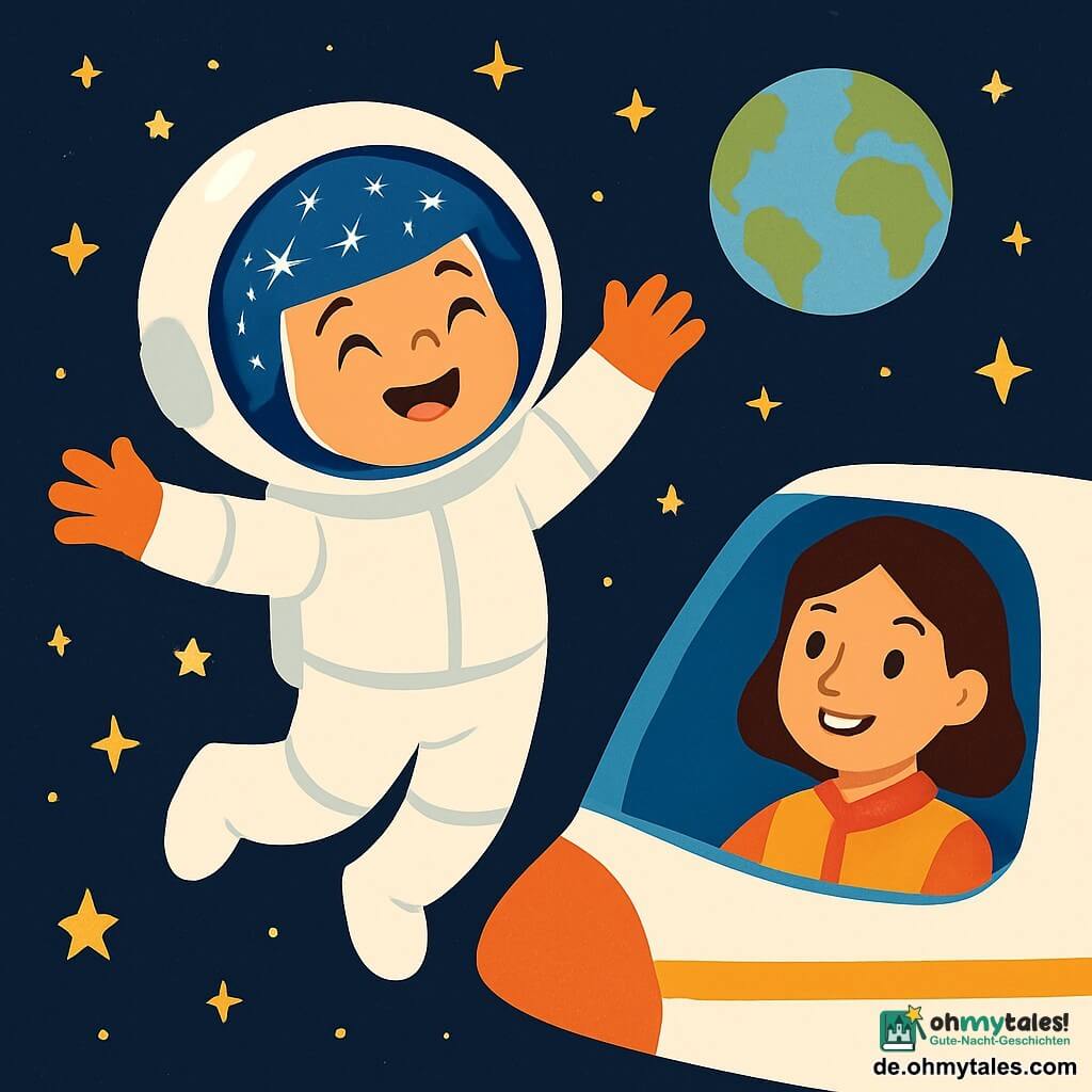 Eine Astronautin, Luna, ist eine Frau mit einem strahlenden Lächeln und funkelnden Augen. Sie trägt einen großen, weichen, weißen Raumanzug, der im Sternenlicht glänzt, und einen runden Helm, der die Konstellationen reflektiert. Sie schwebt fröhlich im Weltraum, die Arme weit geöffnet, als würde sie unter den Sternen tanzen. In der Nähe schaut ihre Mutter, eine warmherzige Frau mit braunen Haaren, stolz auf Luna vom Cockpit des Raumschiffs. Sie ist etwa 30 Jahre alt und trägt einen bunten Pilotenanzug. Der Ort ist ein weites schwarzes All, übersät mit funkelnden Sternen und einer blauen und grünen Erde im Hintergrund, was einen magischen Kontrast schafft. Die Hauptsituation zeigt Luna, die den Sternenhimmel begrüßt, voller Aufregung und bereit, das Universum zu erkunden, während ihre Mutter sie mit einem liebevollen Lächeln anfeuert.