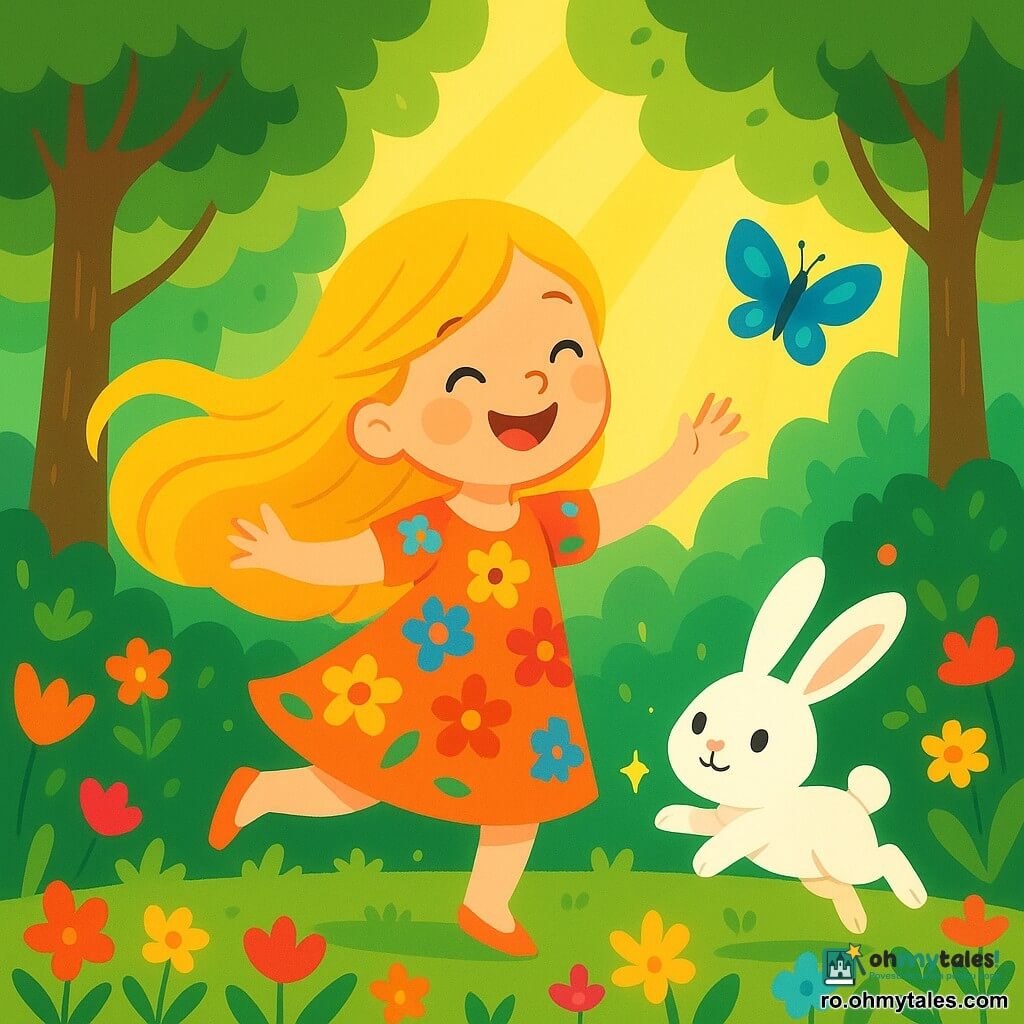 O tânără cu părul lung, auriu și strălucitor ca razele soarelui, dansează vesel într-o pădure fermecată, cu un zâmbet larg pe față. Poartă o rochie ușoară și colorată, împodobită cu flori strălucitoare, iar ochii ei strălucesc de bucurie. Lângă ea, un iepuraș alb, cu urechi mari, sare cu veselie, având ochii rotunzi și curioși fixați pe tânără. Un fulg de lumină sclipitoare o înconjoară, adăugând magie momentului. Mai departe, un fluture albastru cu aripi delicate zboară grațios, iluminând aerul cu culorile sale vii. Scena se desfășoară într-o pădure luxuriantă, unde copacii sunt înalți și măreți, frunzele verzi dansând în vânt. Flori multicolore acoperă solul, iar razele soarelui străbat ramurile, creând sclipiri aurii. Tânăra râde de bucurie învârtindu-se, în timp ce iepurașul și fluturele o înconjoară, creând o atmosferă de fericire și prietenie în acest loc feeric.