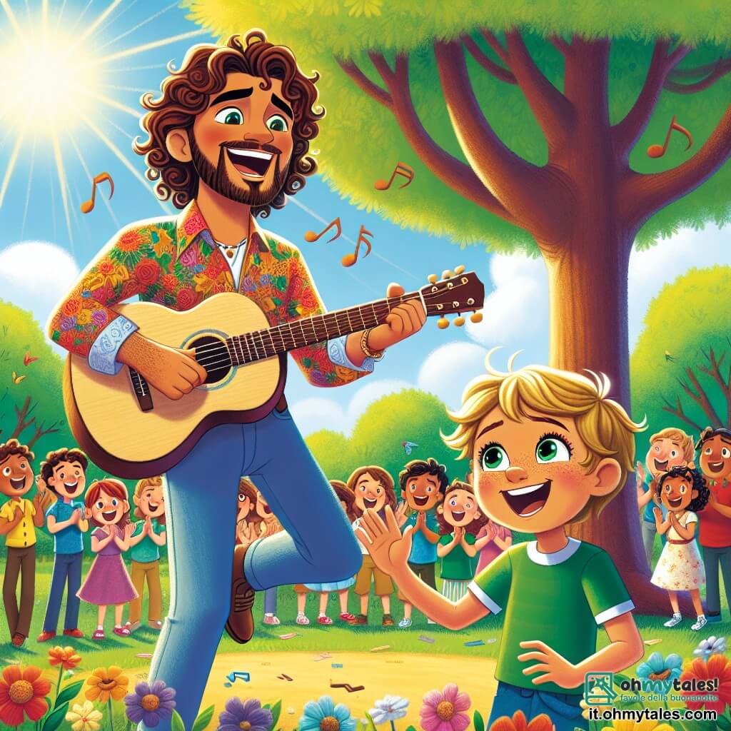 Un uomo di nome Luca, con capelli ricci e castani e un grande sorriso caloroso, sta cantando gioiosamente sotto un grande albero in un parco soleggiato. Indossa una camicia colorata e tiene una chitarra, i suoi occhi brillano di entusiasmo e passione per la musica. Accanto a lui, un ragazzo di nome Marco, di circa 8 anni, con capelli biondi e occhi scintillanti, batte le mani a ritmo, il suo viso irradia felicità e orgoglio. Sono circondati da altri bambini che ballano e applaudono, creando un'atmosfera festosa e gioiosa. Il parco è pieno di fiori colorati e alberi verdi, con un cielo blu chiaro punteggiato da alcune nuvole bianche. La scena rappresenta un concerto improvvisato dove Luca e Marco cantano insieme, condividendo il loro amore per la musica con tutti gli amici riuniti attorno a loro.