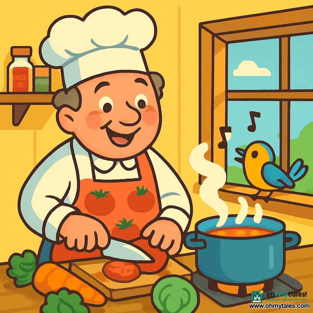 A cheerful chef, a man in his fifties wearing a large white hat and a tomato-patterned apron, smiles enthusiastically while preparing soup in a bright kitchen. His cheeks are rosy and his eyes sparkle with happiness. Next to him, a small colorful bird with yellow and blue feathers perches on the windowsill, curiously watching the chef while singing merrily. The spacious kitchen features pastel yellow walls, shelves filled with colorful spice jars, and a large wooden table with fresh vegetables spread out. Sunlight filters through the windows, bathing the room in a warm glow. In this scene, the chef chops juicy tomatoes while fragrant steam rises from the pot on the stove, creating a welcoming and joyful atmosphere.