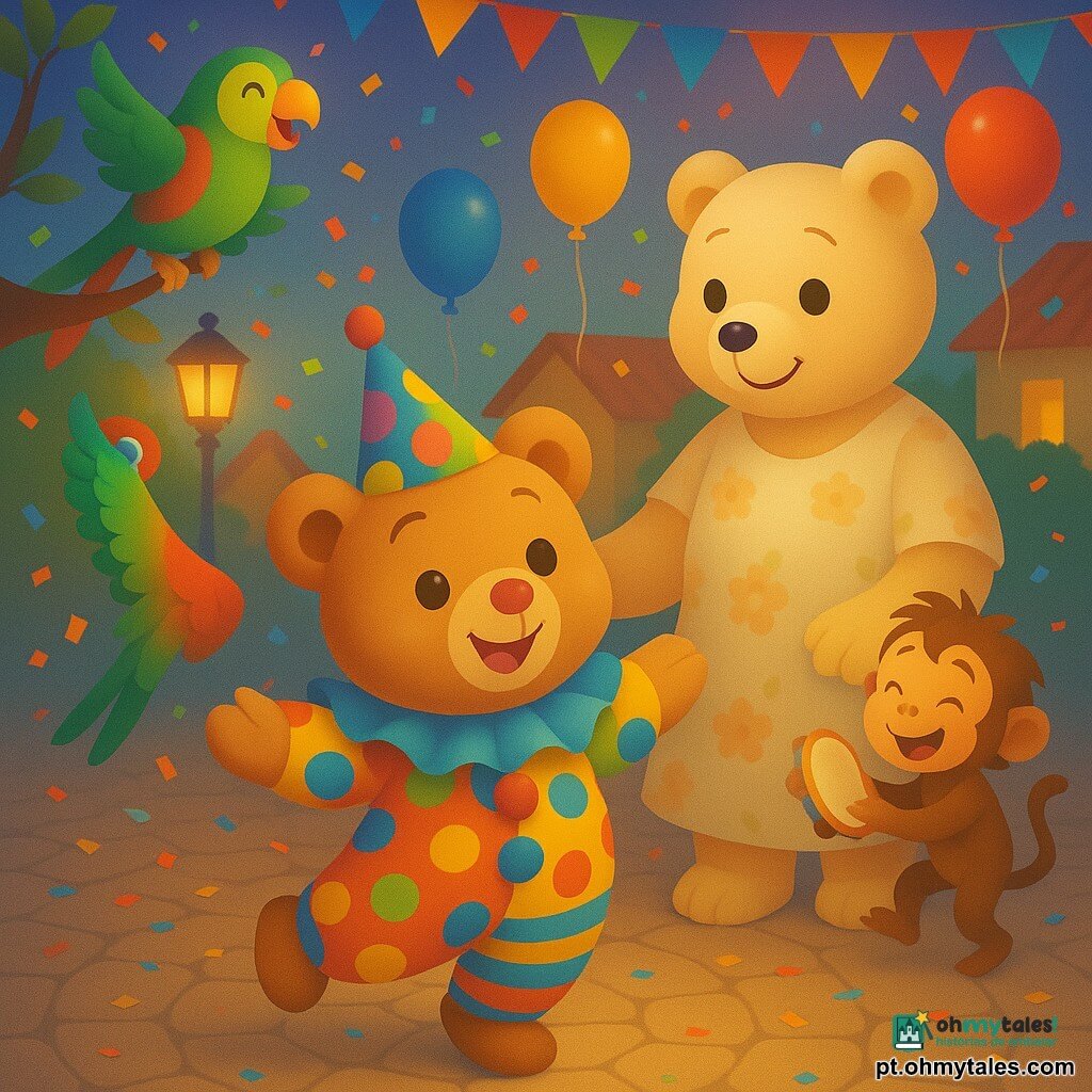 Um pequeno urso de pelúcia castanho-claro (personagem principal), rosto redondo, olhos negros brilhantes, sorriso largo e nariz rosa pintado, veste uma fantasia de palhaço colorida com bolinhas e riscas e chapéu pontudo multicolorido; está alegre e maravilhado, rodopiando de ponta dos pés no centro da cena. Atrás e à direita, uma mãe urso maior de pelo creme, de olhar terno e vestido florido, segura-lhe o ombro, orgulhosa e sorridente. À esquerda, um papagaio verde e vermelho pousado numa rama canta com olhar brincalhão. Ao fundo à direita, um macaco pequeno castanho-claro dança com um tamborim, cabelo desgrenhado e expressão travessa. A praça da vila tem calçamento de lajes redondas, guirlandas de papel, balões vermelhos, amarelos e azuis, confetes no ar e lanternas que espalham luz quente. Situação principal: cena de carnaval alegre e colorida, momento em que o pequeno urso completa seu primeiro rodopio no meio de amigos que aplaudem, atmosfera festiva, movimentos suaves e cores saturadas com texturas lisas em degradê.