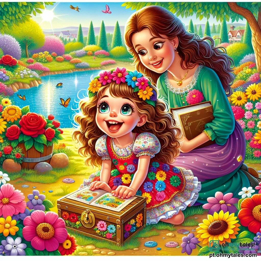 Uma menina de 6 anos, com longos cabelos cacheados e olhos brilhantes de curiosidade, está agachada em um jardim ensolarado. Ela usa um vestido de flores coloridas e um grande sorriso no rosto, mostrando sua empolgação em descobrir um tesouro escondido. Ao lado dela, uma mãe carinhosa, na casa dos trinta anos, com cabelos castanhos e um sorriso suave, a observa com orgulho enquanto segura um livro nas mãos. O jardim está cheio de flores vibrantes, como rosas vermelhas, girassóis amarelos e violetas delicadas, que dançam suavemente ao vento. Ao fundo, um pequeno lago brilha, refletindo o céu azul, e pássaros cantam alegremente nas árvores. A menina, cheia de entusiasmo, descobre uma caixa de madeira decorada com desenhos coloridos, que acaba de abrir, revelando um mapa do tesouro. Seu olhar está maravilhado, e ela parece pronta para partir em uma aventura em busca do tesouro escondido.
