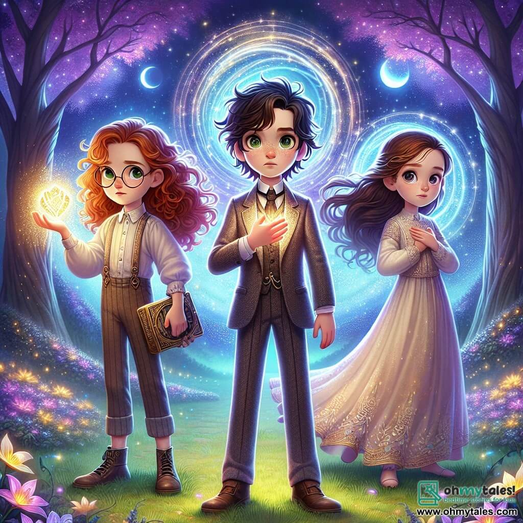 In an enchanted clearing, three friends stand proudly. Mira, a 10-year-old girl with long curly red hair and sparkling green eyes, holds a bright magical crystal in her right hand, her face glowing with determination. To her left is Eli, an 11-year-old boy with messy black hair and glasses, manipulating a shiny gadget, his eyes shining with excitement. On the right, Kira, a 10-year-old girl with smooth brown hair, dressed in a light dress, carefully observes the landscape, a hand on her heart, full of courage. Their environment is a magical forest with shimmering-trunk trees adorned with luminescent flowers emitting a soft light. The sky is dotted with two bright moons, bathing the scene in a purple and golden glow, while a swirling portal of vibrant colors floats in the background, promising extraordinary adventures. The main situation shows the friends preparing to enter the magical portal, a mix of excitement and apprehension on their faces, ready to face new challenges and discover a world where magic and technology intertwine.