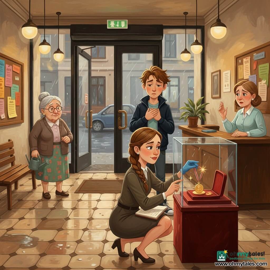 The protagonist is a calm, focused female detective with a neat braid and a light beige coat, holding an open notebook in her left hand and a blue-gloved right hand delicately returning a shiny medal to a red-velvet display case while crouched before a glass showcase; a secondary character, a shameful but relieved 19-year-old boy with tousled hair, dark jacket and white-soled sneakers, stands a few steps behind with hands clenched to his chest as he confesses; a nearby elderly neighbor woman with gray hair in a bun and a floral dress watches kindly from beside a bench holding a small watering can; the building manager, a middle-aged woman with short hair in a pastel blouse, looks upset but relieved behind a reception desk; the scene is set in the hall of an old building with slightly wet beige-and-brown tiled floors, a wooden bulletin board with colorful flyers, warm hanging lights, and a glass entrance showing the rain-soaked street, creating a tense but soothed atmosphere with visible textures (shiny glass, velvet, wet tiles).