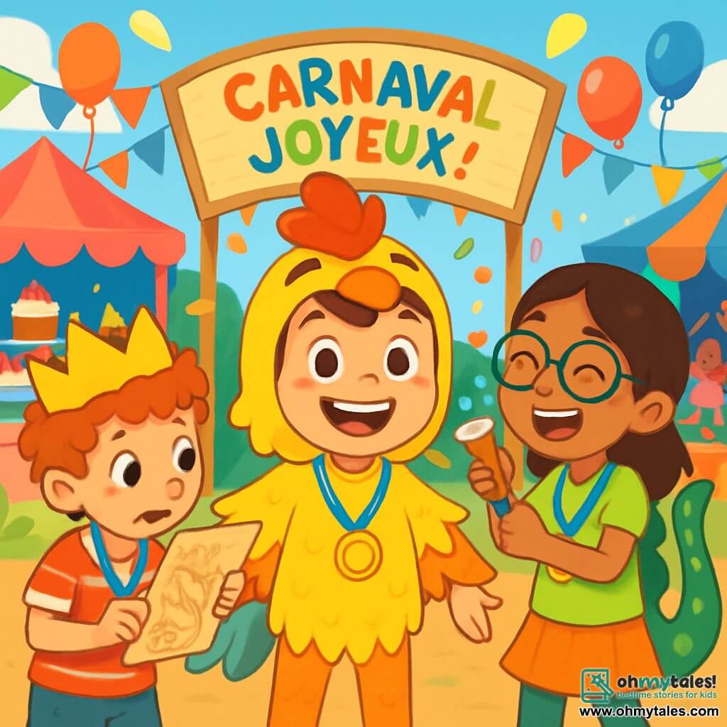 An 8-year-old boy, Bobby, stands at the center of the image, wearing a colorful chicken costume with bright yellow feathers and a big joyful smile. His eyes shine with excitement and happiness. Next to him, an 8-year-old girl, Fatima, wears a sparkling green dragon tail and round glasses, laughing while holding a confetti shaker. An 8-year-old boy, Leo, with curly hair and a cardboard crown, approaches them, holding a treasure map with a curious look. The setting is a vibrant carnival, with colorful booths decorated with garlands and balloons, and children in various costumes dancing and having fun around them. In the background, a large wooden sign painted in bright colors reads "Joyful Carnival!" with party games visible, such as a cupcake stand and a stage where children dance. The main scene shows Bobby, Fatima, and Leo celebrating their victory after finding the hidden treasure, with shiny medals around their necks, surrounded by laughter and joy, illustrating the spirit of friendship and festivity of the carnival.