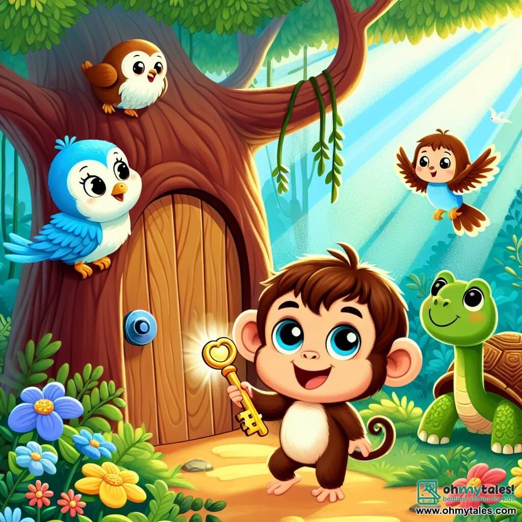 A little monkey named Milo, with brown fur and sparkling curious eyes, stands in front of a small wooden door at the base of a large tree. He has a wide smile, holding a golden key in his hand, ready to discover a magical world. Beside him is a beautiful little blue bird named Bella, with bright feathers and a joyful demeanor, flying around him while singing. Nearby is Leo, a wise turtle with a green shell and gentle eyes, watching the scene with a kind smile. The setting is a lush jungle filled with vibrant green foliage, colorful flowers, and rays of sunlight filtering through the branches. The main scene shows Milo, excited and curious, inserting the key into the door, ready to enter a world full of wonders and adventures.
