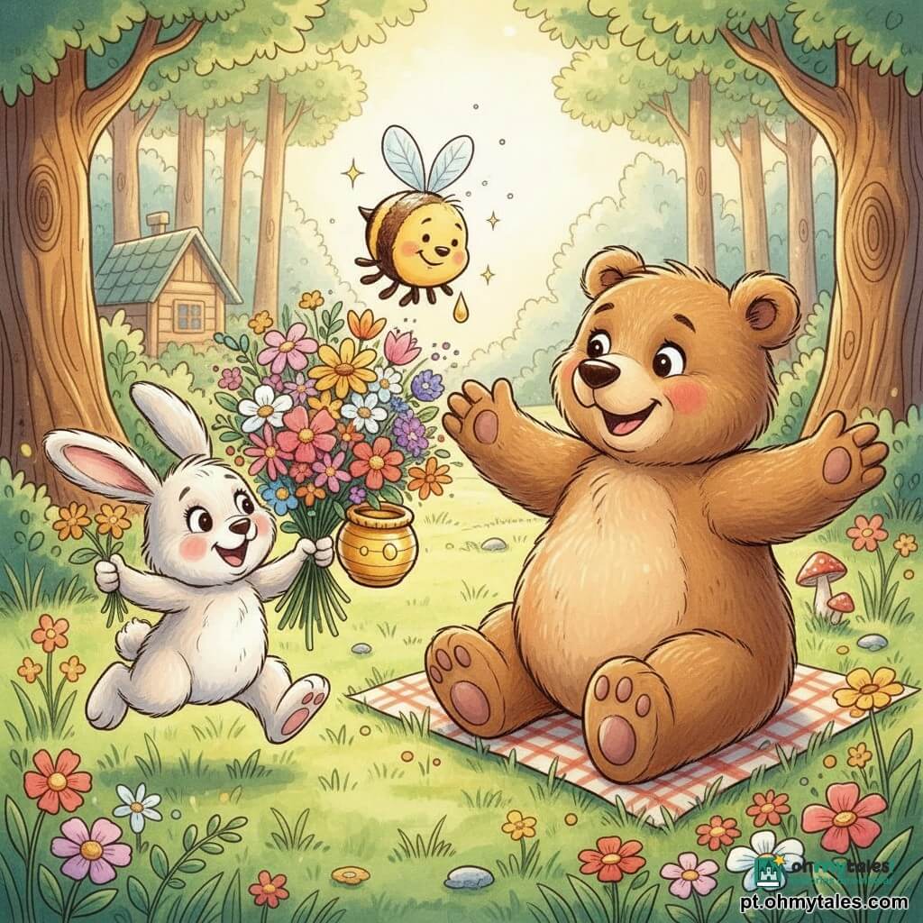 Urso de pelúcia pequeno castanho-claro, olhos redondos brilhantes, sorriso, segurando um grande buquê colorido e um potinho de mel dourado; coelhinho branco fofo à esquerda, orechas longas, pulando com algumas flores; abelha listrada voando sobre o mel com uma gota brilhante; mamãe urso maior, pelo mais escuro, emocionada e de braços abertos sentada numa manta; clareira ensolarada numa floresta encantada com relva e flores silvestres, árvores altas e uma casinha desfocada ao fundo; cena de surpresa do Dia das Mães, calorosa e afetuosa, cores pastel, formas simples e arredondadas.