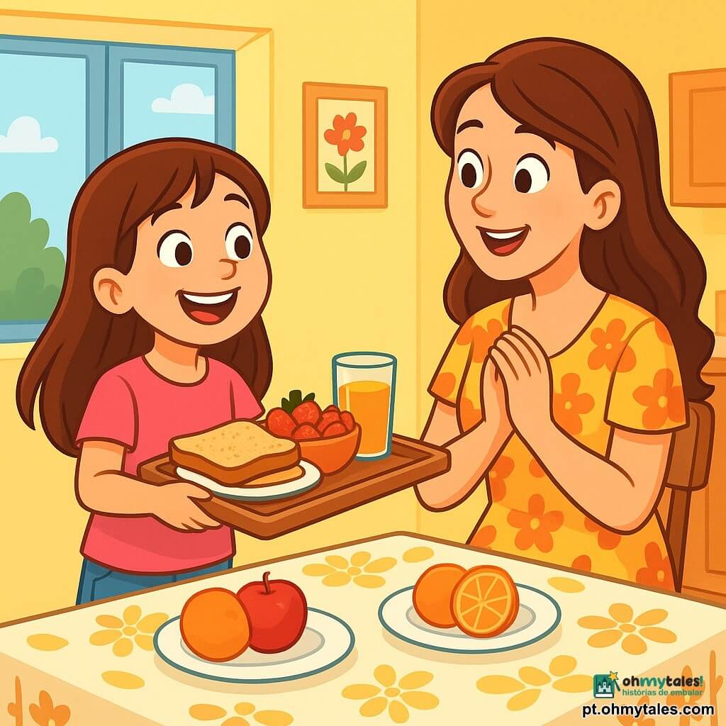 Uma menina de 8 anos, com longos cabelos castanhos e olhos brilhantes de alegria, está em frente a uma mesa decorada com cuidado. Ela usa uma camiseta rosa bonita e um short de jeans, e seu rosto irradia excitação e amor. Ela está apresentando um café da manhã surpresa para sua mãe, com um grande sorriso. Ao lado dela, sua mãe, uma mulher de cerca de 30 anos, com cabelos castanhos e olhos suaves, observa a filha com admiração. Ela veste um vestido leve e colorido, e sua expressão é cheia de ternura e surpresa. A cena acontece em uma cozinha iluminada e acolhedora, com paredes pintadas de amarelo pastel e janelas que deixam entrar a luz da manhã. Na mesa, há frutas frescas, torradas e um copo de suco de laranja, todos dispostos de forma bonita sobre uma bela toalha. A situação principal mostra a menina, cheia de orgulho, oferecendo esse café da manhã surpresa para sua mãe, criando um momento mágico e emocionante entre elas, repleto de risos e amor.