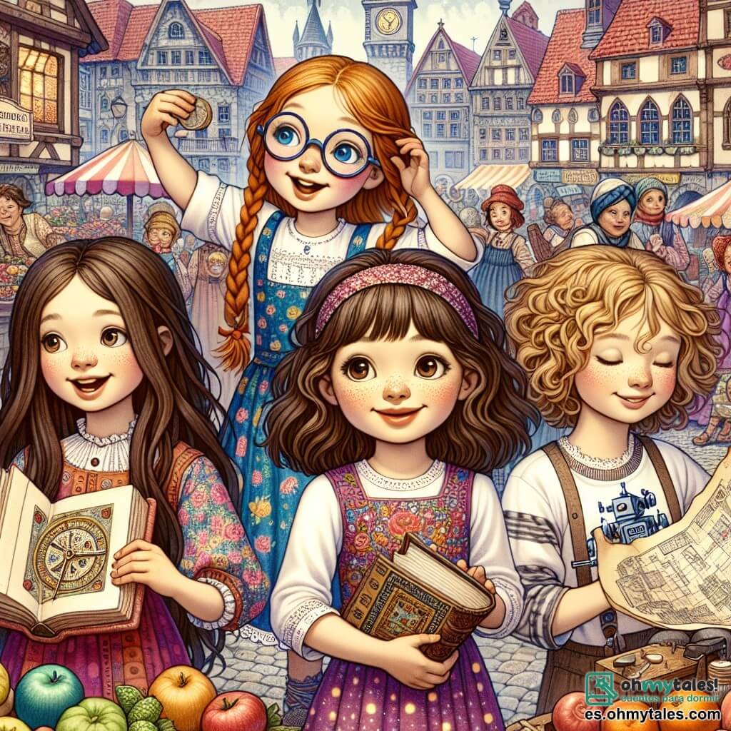 En primer plano, cuatro chicas están juntas, cada una con un estilo distinto: Sofía, de 10 años, tiene el cabello largo y castaño y lleva un vestido colorido con estampados de flores, sonriendo entusiasmada mientras sostiene un viejo libro. Clara, de 11 años, tiene trenzas rubias y usa gafas redondas; está inclinada sobre un mapa antiguo, con los ojos brillando de emoción. Valentina, de 10 años, tiene el cabello rizado y lleva una camiseta con dibujos de robots, sosteniendo una pequeña herramienta en la mano, lista para hacer manualidades. Lucía, de 9 años, tiene el cabello castaño y lleva una falda de lunares; mira al cielo con aire soñador, con los brazos cruzados detrás de la cabeza. Las chicas están en una hermosa plaza medieval, rodeadas de edificios de piedra con techos de tejas rojas, con coloridos puestos de frutas y telas a su alrededor, mientras personas con trajes de época se mueven alegremente. La escena principal muestra a las cuatro amigas descubriendo un antiguo reloj dorado, rodeado de un resplandor mágico, listas para una aventura.