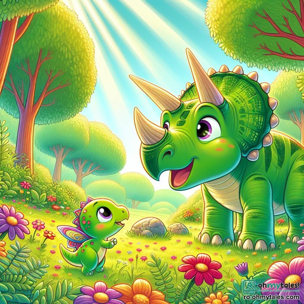 Un triceratops pe nume Dino, cu o piele verde strălucitoare și trei coarne strălucitoare, își exprimă o mare curiozitate în timp ce explorează o poiană colorată plină de flori strălucitoare. Lângă el, sora sa mai mică Luna, o tânără triceratops cu ochi strălucitori și o piele ușor mai deschisă, se uită cu uimire la un mic dinozaur cu aripi colorate, Flappy, care se pregătește să zboare. Scena are loc într-o poiană însorită, înconjurată de copaci mari cu frunze luxuriante, unde razele de soare filtrează prin crengi. Dino și Luna, intrigati, împing o piatră pentru a-l elibera pe Flappy, care le mulțumește cu un zâmbet fericit, creând astfel un moment de prietenie și aventură.