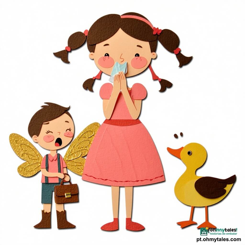 A princesa (garota cerca de 12 anos) está ao centro, surpresa e divertida, espirrando com a mão na boca e segurando uma pequena bolsa com padrão de pato; à esquerda a fada Fofota (mulher muito pequena) sorri, com botas ao avesso e asas de papel dourado, acenando com um minúsculo lenço; à direita o duende Tico (menino cerca de 10 anos) ri, de orelhas pontudas, jaqueta verde, agachado e segurando uma lanterna de papel; atrás da princesa, o pônei Torcicolo, pequeno e de cor anis, com expressão carrancuda e sela de tecido às bolinhas; a caverna é ampla, com estalactites prateadas terminadas em pequenos guizos, paredes em papel cinza-azul com gotas de cristal coladas e chão salpicado de pedras coloridas; o espirro faz vibrar os guizos e ondas sonoras são representadas por fitas coloridas e notas musicais de papel que quicam ao redor, criando uma cena alegre e sonora.