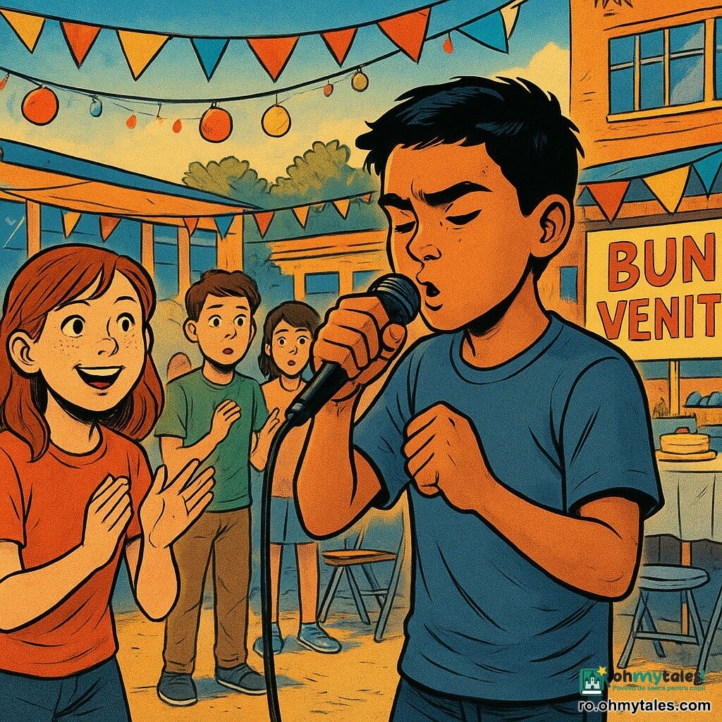 O fată de 12 ani, Mara, cu fața rotundă, pistrui și păr șaten lejer prins, privește cu mândrie și blândețe, aplaudă și face un mic semn de încurajare cu mâna lângă scenă; un băiat de aproximativ 12 ani, Amir, de origine medio‑orientală, piele măslinie și păr scurt, în tricou simplu, e la microfon pe scenă făcând beatbox, cu gura expresivă și o postură concentrată; un mic grup de colegi (11–13 ani), băieți și fete, stă în spate, unii mirați, alții aplaudând timid; scena are loc în curtea școlii, după‑amiaza târziu, cu decorațiuni colorate, scaune aliniate, masă cu prăjituri și panouri pictate, lumină caldă, umbre moi și culori vii; momentul cheie: Amir tocmai a terminat un pasaj ritmat, mulțimea începe să aplaude, iar Mara îl susține cu un zâmbet larg și încrezător; compoziție: plan mijlociu cu scenă și public apropiat, detalii clare (microfon, pancartă cu inscripția Bun venit!, bețe de percuție desenate) pentru a transmite căldură și acceptare.