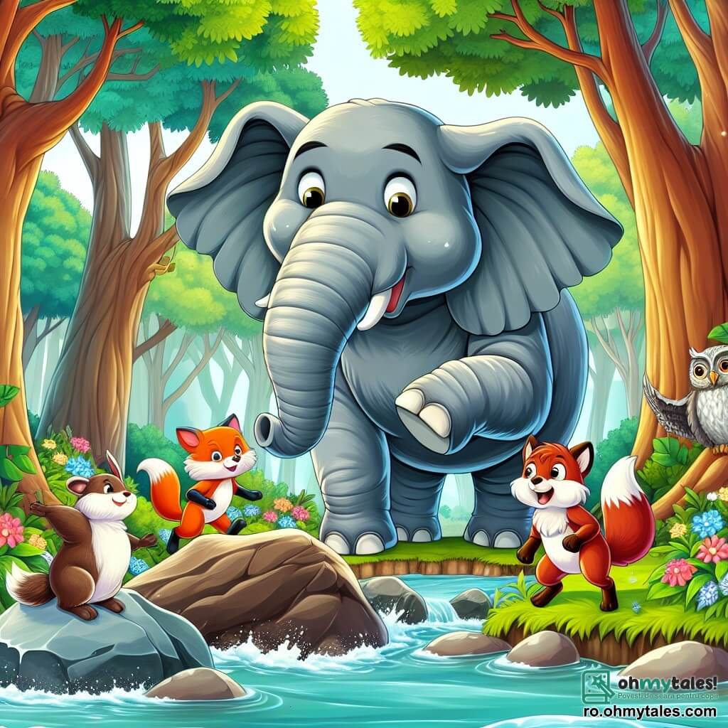 Un elefant pe nume Eli, mare și majestuos, cu piele gri și urechi late ca niște pânze, stă în centrul scenei, având o expresie de hotărâre și bucurie. Lângă el, o vulpe jucăușă, cu blana roșie strălucitoare și ochi jucăuși, observă cu curiozitate, în timp ce un iepuraș zglobiu, cu blana albă și urechi mari, sare de bucurie. O bufniță înțeleaptă, așezată pe o crenguță, cu pene maronii și ochi rotunzi, privește scena cu un aer gânditor. Decorul este o pădure luxuriantă, plină de copaci majestuoși cu trunchiuri groase și flori colorate, iar un râu limpede curge în fundal, dar este blocat de o stâncă mare și umedă. Situația principală arată cum Eli și prietenii săi colaborează pentru a împinge stânca și a elibera apa din râu, ilustrând spiritul de echipă și prietenia care îi leagă.